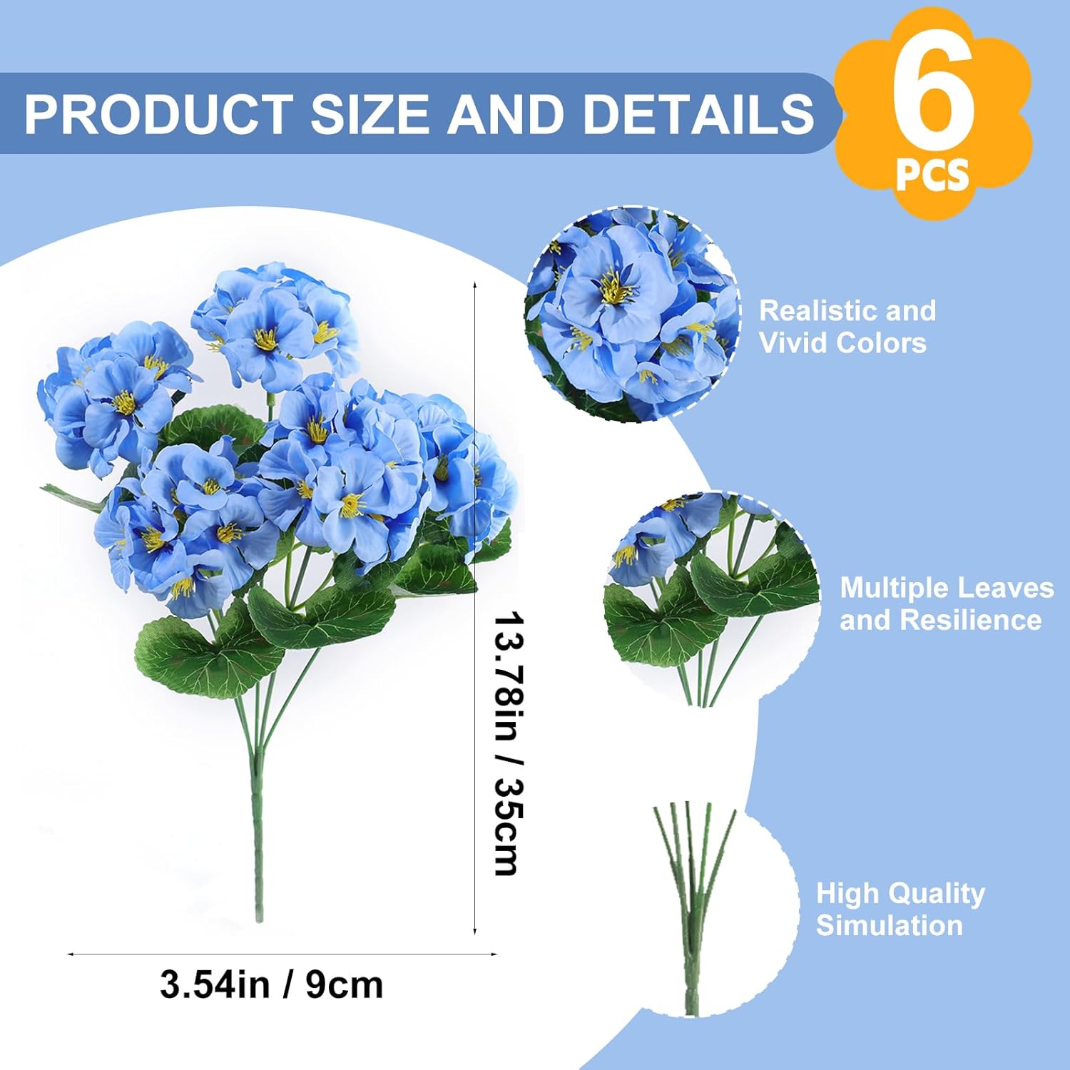 Outdoor Artificial Flowers Blue: Maintenance-Free, Near-Identical to Natural Counterparts, Long-Lasting Vivid Color Retention for Months, Contains 6 Bouquets