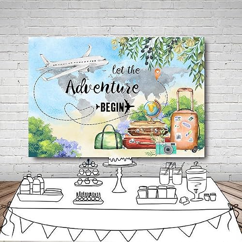 Miniatura 4 de MEHOFOND Let The Adventure Begin - Telón de fondo para baby shower viajes cumpleaños graduación fiesta de jubilación avión maleta boda fotografía