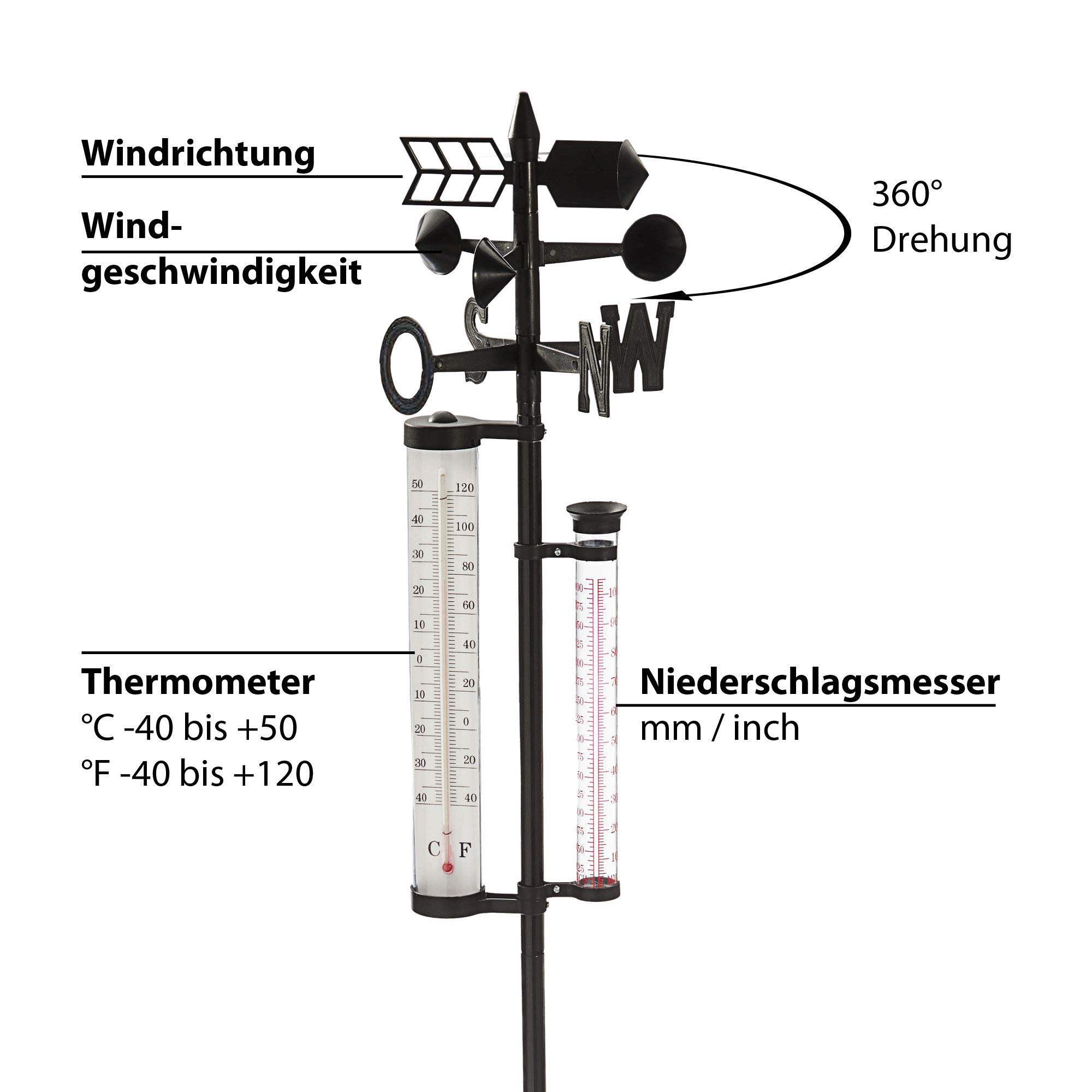 Estación meteorológica para jardín, barómetro, medidor de lluvia, termómetro, velocidad del viento, 150 cm