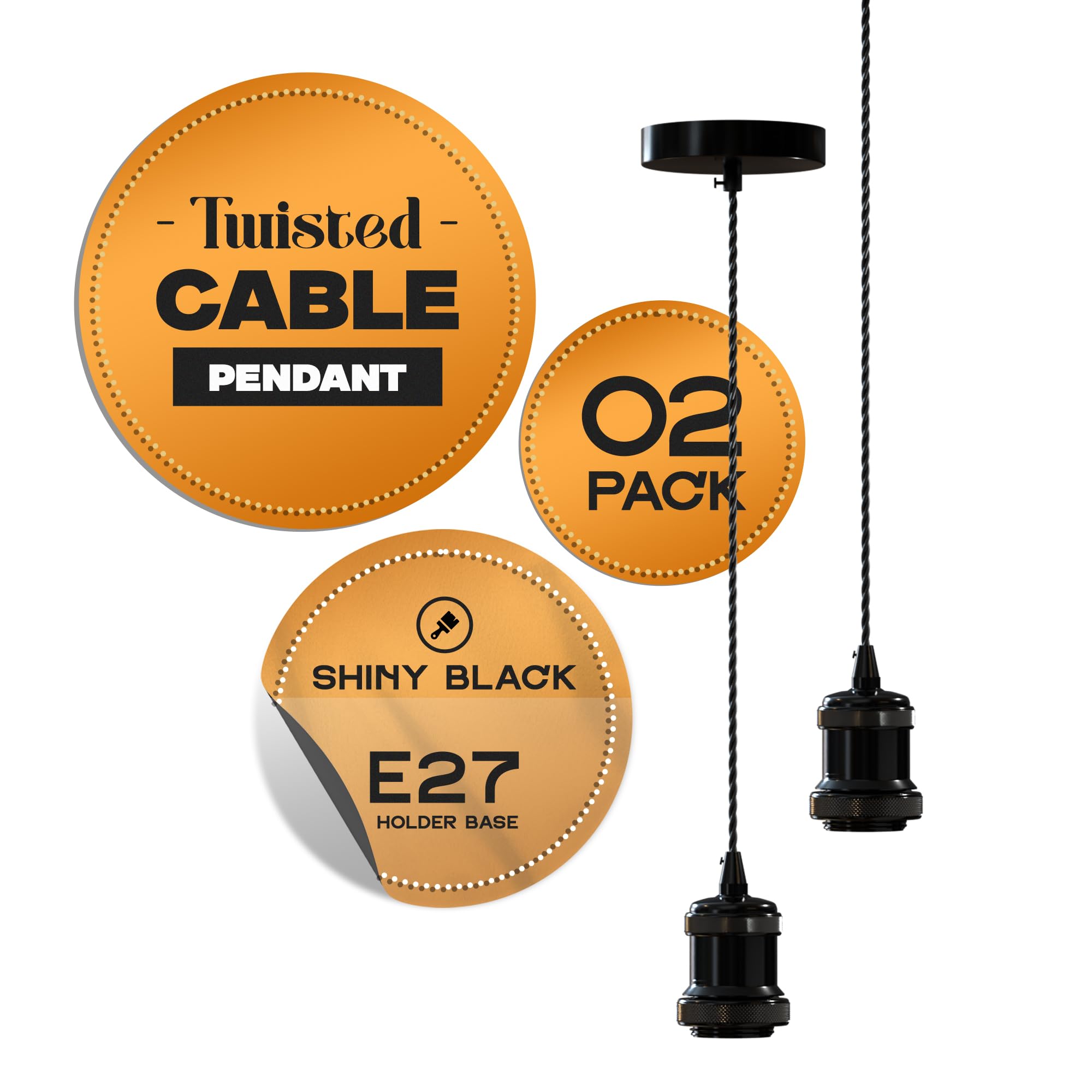 Vintage E27 Pendant Light Fitting – Brass Hanging Ceiling Lamp Kit with Twisted Fabric 2m Cable & Rose – Industrial Retro Style for Kitchen, Bar, Dining Room – Pack of 2 — image 1