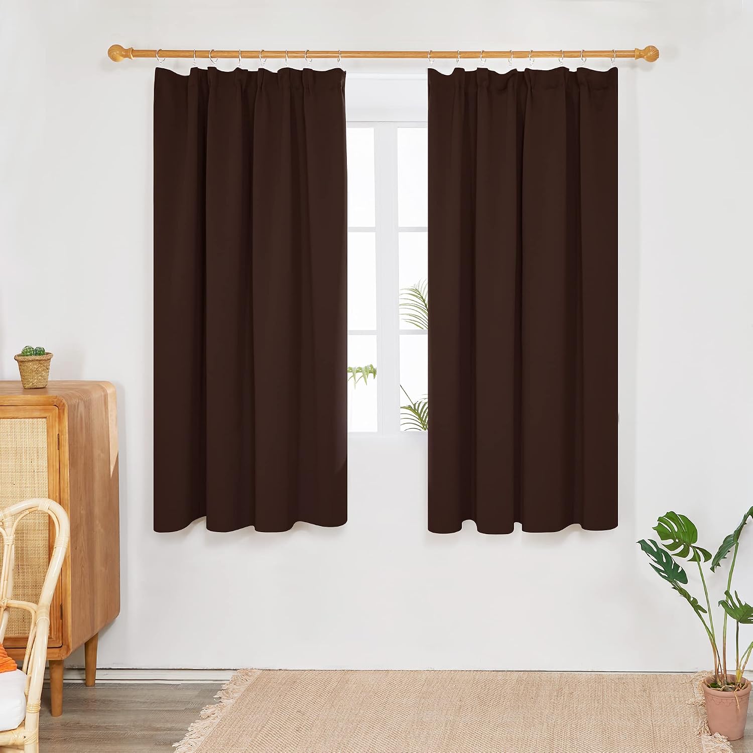 Deconovo Solid Curtains Thermal Insulated Tape Top Blackout Curtains for Boys Room 66 x 54 Chocolate One Pair - Image 3