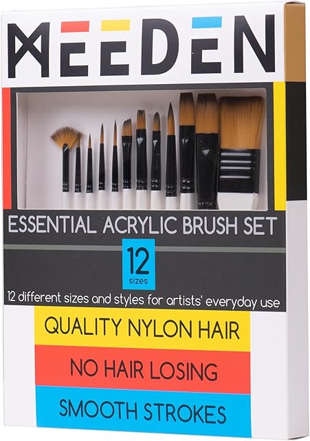 MEEDEN 12 Pcs Acrylic Paint Brushes Set, Artist Painting Brush,Soft Nylon Hair with Pearl White Grip in Carrying Case, Professional Art paintbrushes, Perfect for Acrylic, Gouache, Canvas Boards, Rock