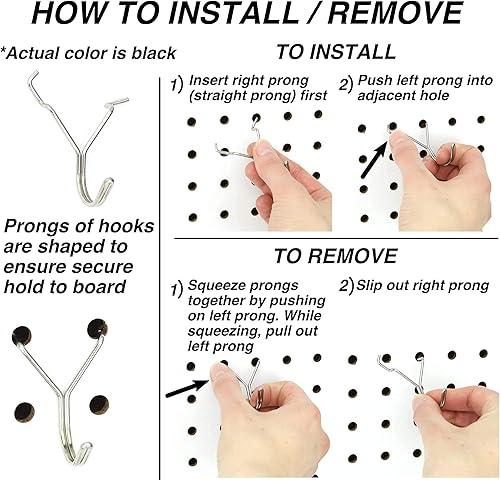 Miniatura 6 de Ganchos de acero para tablero de clavijas, paquete de 100 ganchos en J de 1 pulgada, color negro, no se caen, se adapta a cualquier tablero de