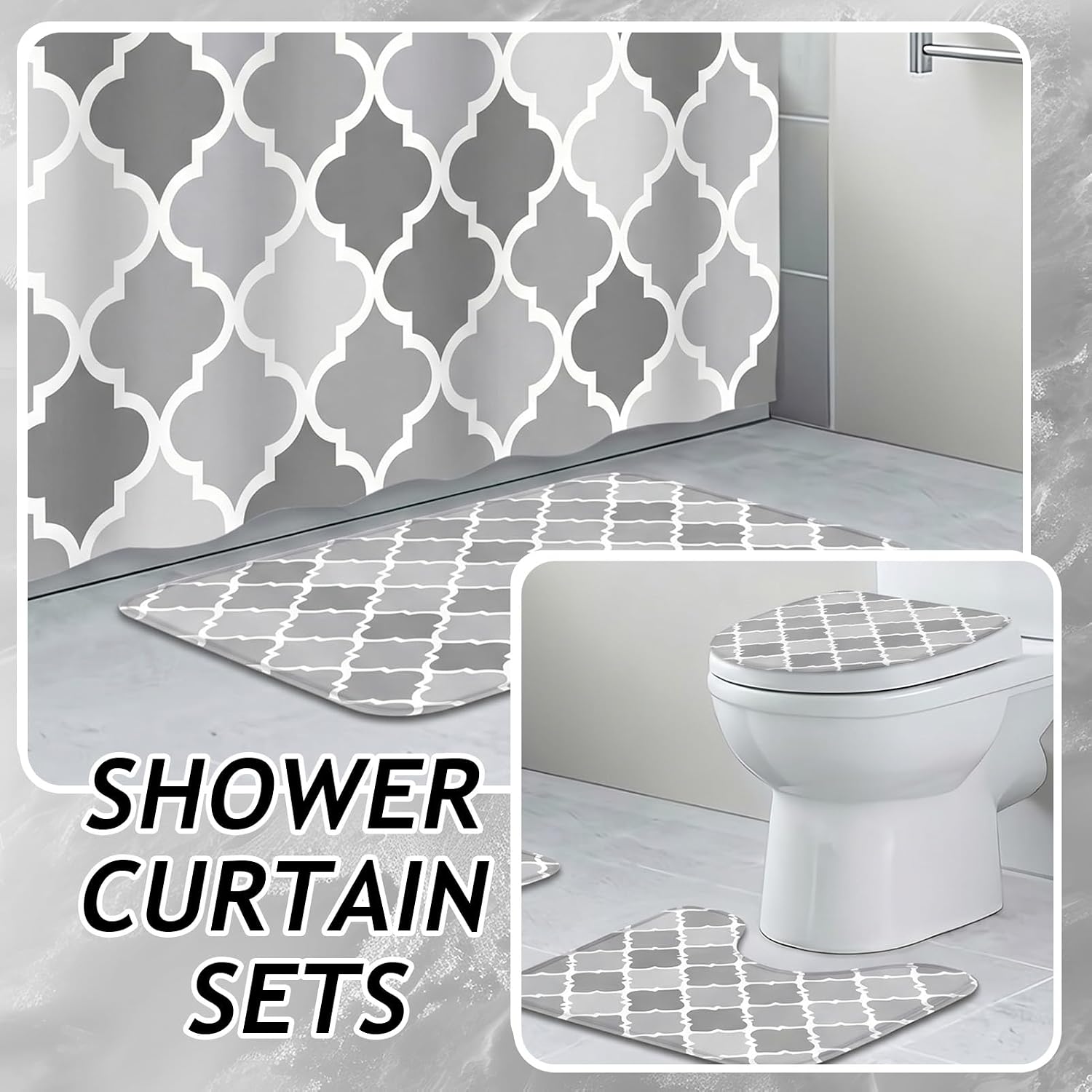 Bathroom Sets with Shower Curtain and Rugs, 10 Pcs, Striped Grey | Moroccan Geometric Floral Bathroom Decor Set with Toilet Lid Cover, Non-Slip Bath Mats, Towels and Accessories 12 Hooks