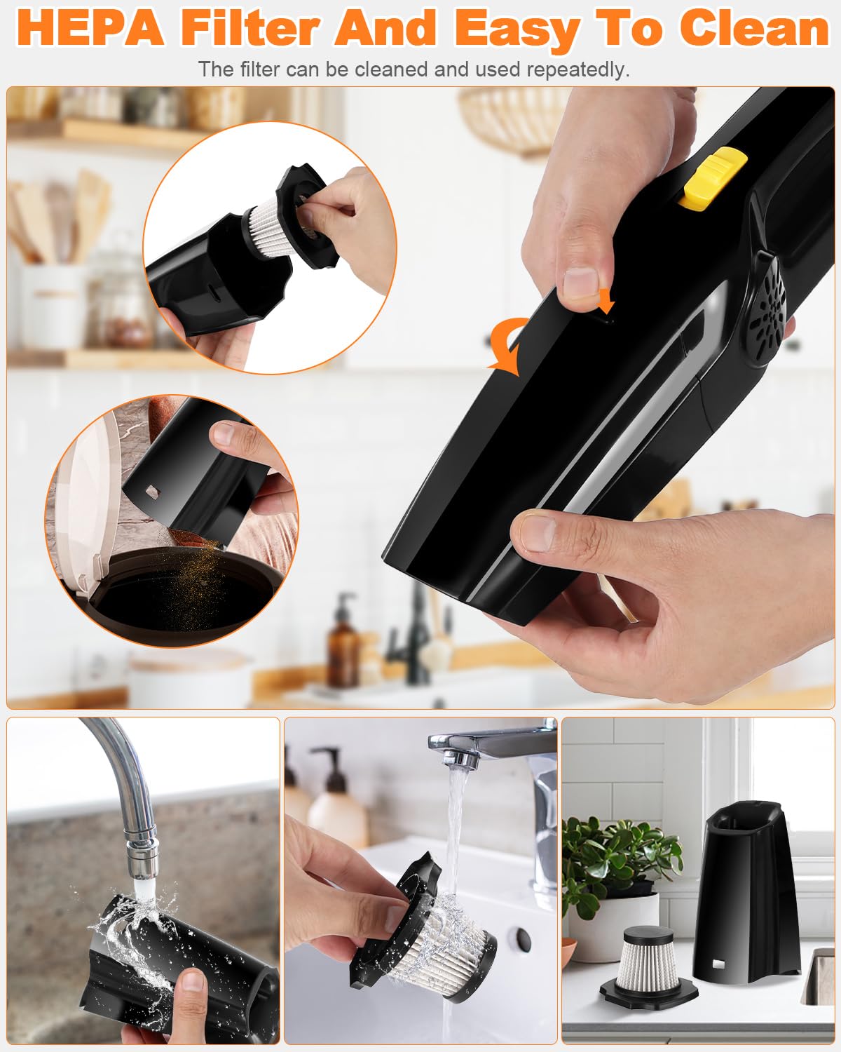 FEOKZE Aspirateur à main sans fil 8000 Pa Aspirateur à main humide et sec avec filtre HEPA lavable, mini aspirateur portable pour la maison, les animaux domestiques, la voiture