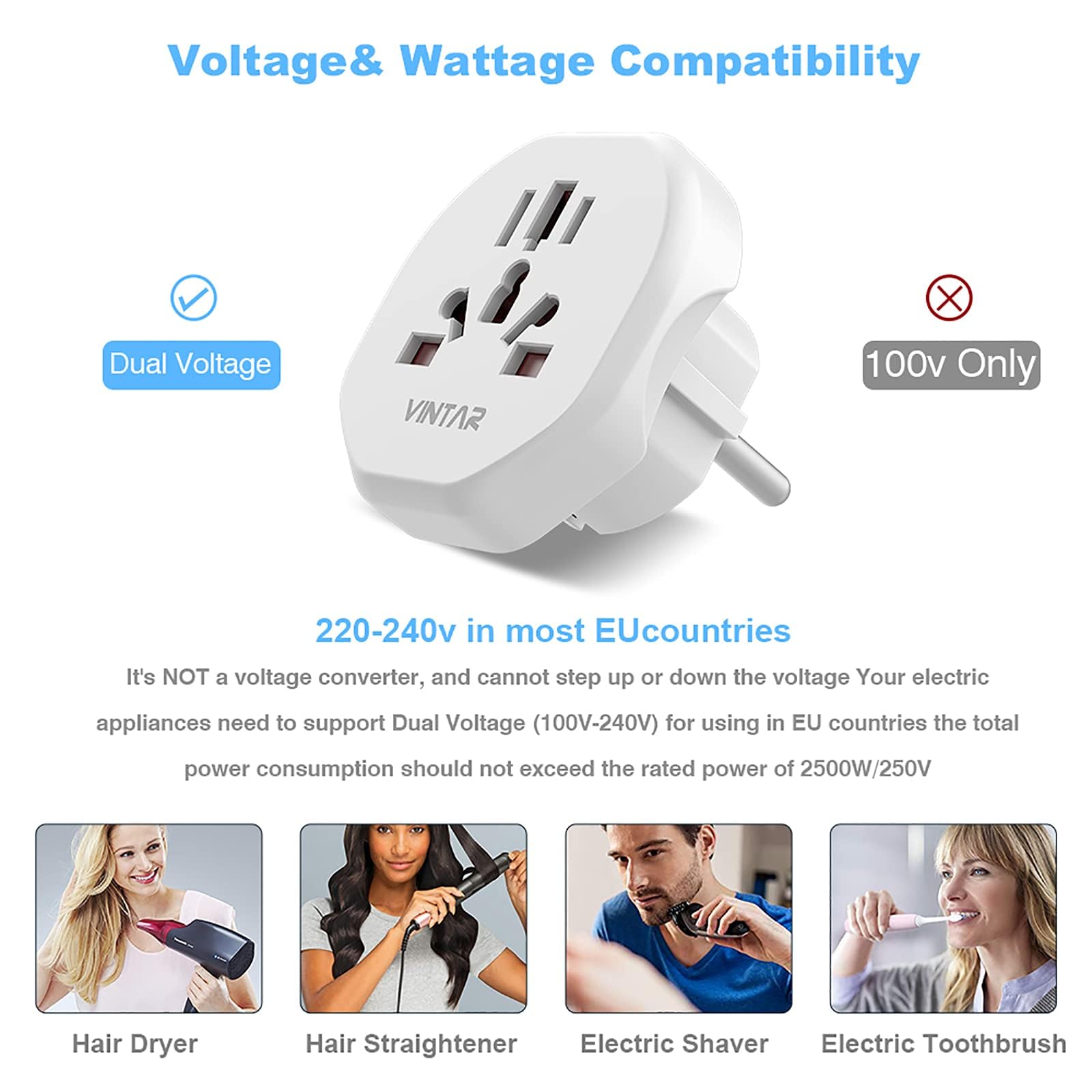 VINTAR 2PC Adaptateur Prise Anglaise vers France,Adaptateur Prise USA vers France,Adaptateur de Voyage pour UK, USA, Canada, Chine, Australie, Italie, Suisse, Prise Monde, Blanc