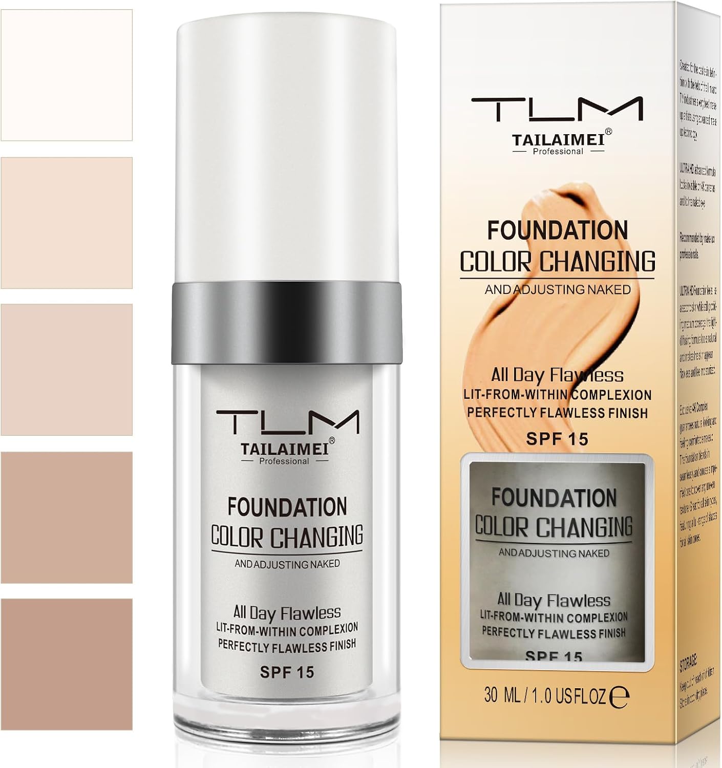 TLM Color Changing Foundation, Colour Changing Foundation for Mature Skin, Long Lasting Waterproof Makeup Base Nude Face Cover Concealer Cream SPF, 30 ml