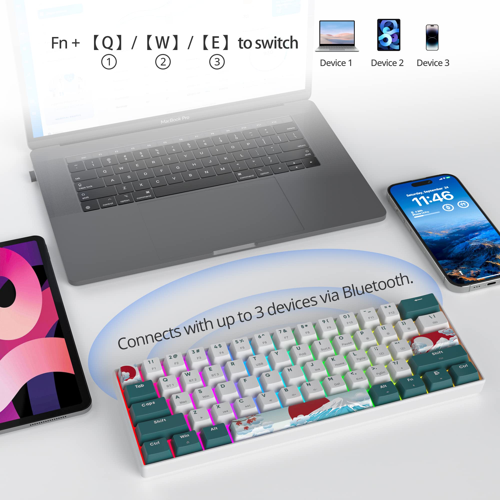 SOLIDEE 60% tastiera meccanica RGB cablata/bluetooth 5.0 tastiera a doppia modalità,tastiera da gioco meccanica retroilluminazione RGB,61 tastie hot swappable keyboard gateron red per PC(GT61 Forest)