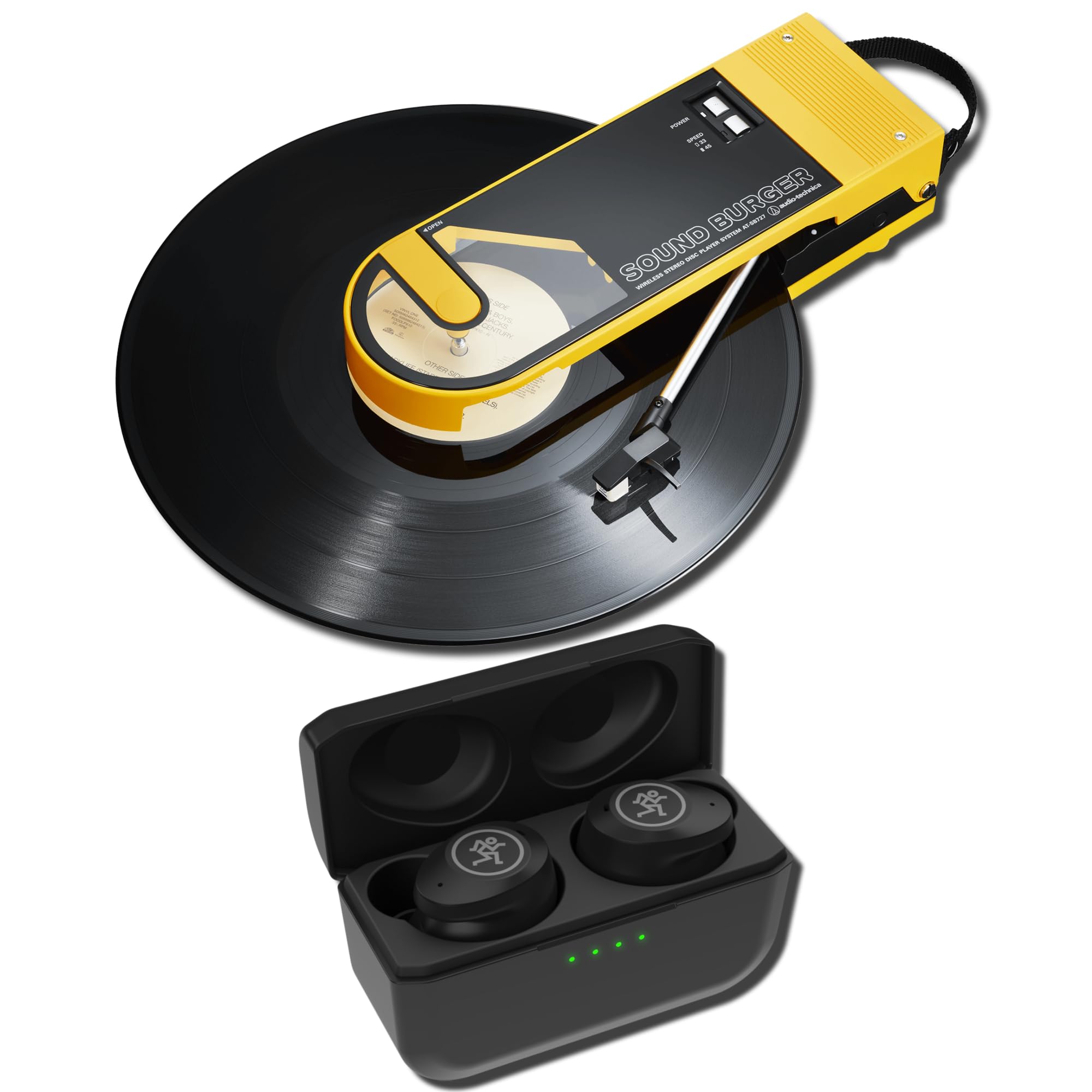 Audio-Technica AT-SB727 Sound Burger Portable Bluetooth Turntable Bundle with Mackie MP-20TWS Dual-Driver Noise-Cancelling Earbuds — 12-Hour Belt-Drive Vinyl Player for Dorms, Travel, Parties, Gifts-image-36