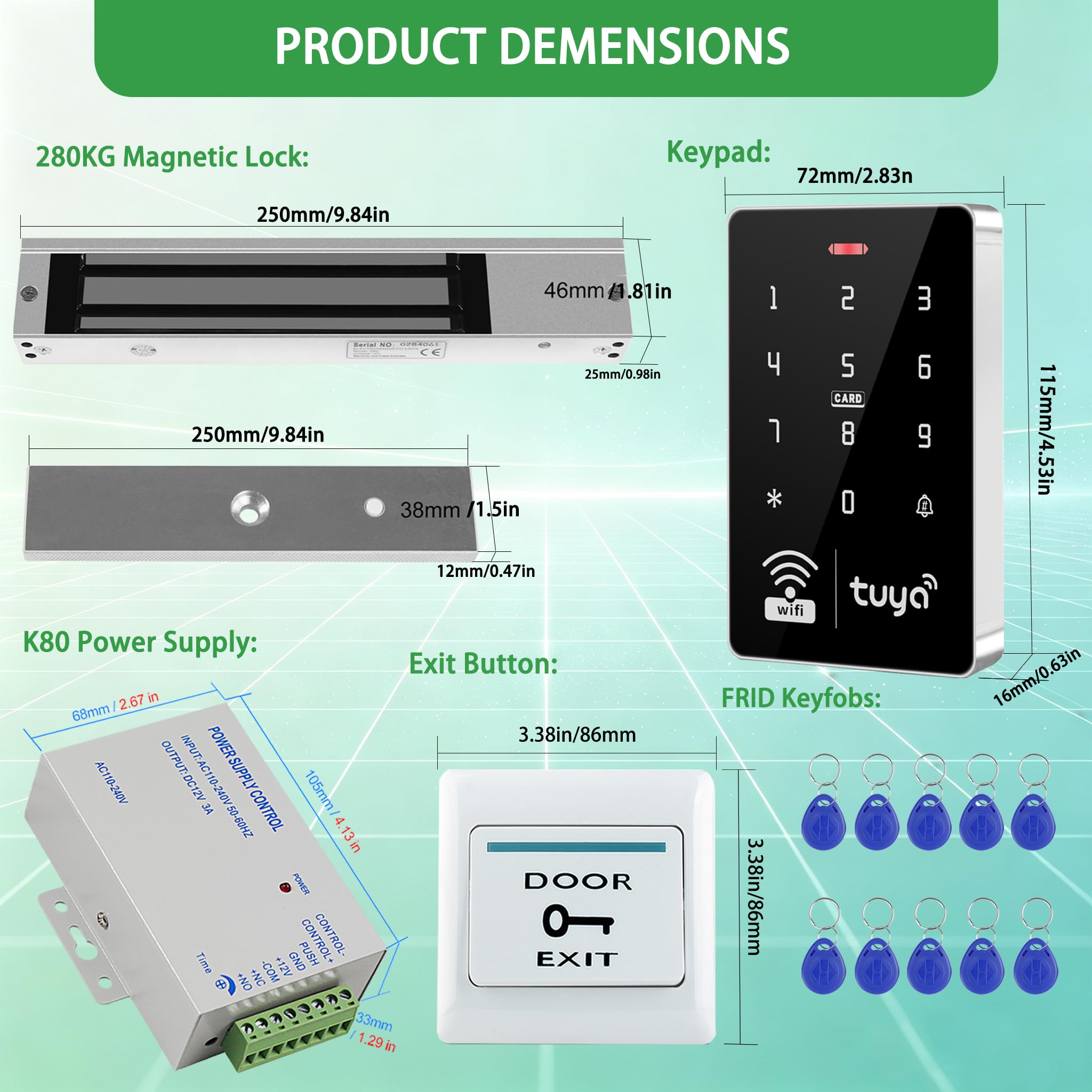 Kit contrôle d'accès Intelligent TUYA WiFi, Serrure magnétique 280 kg | Clavier IP68, 3 modes : APP, PIN ou carte, contrôle à distance, bouton sortie, +10 badges, maison/bureau/appartement