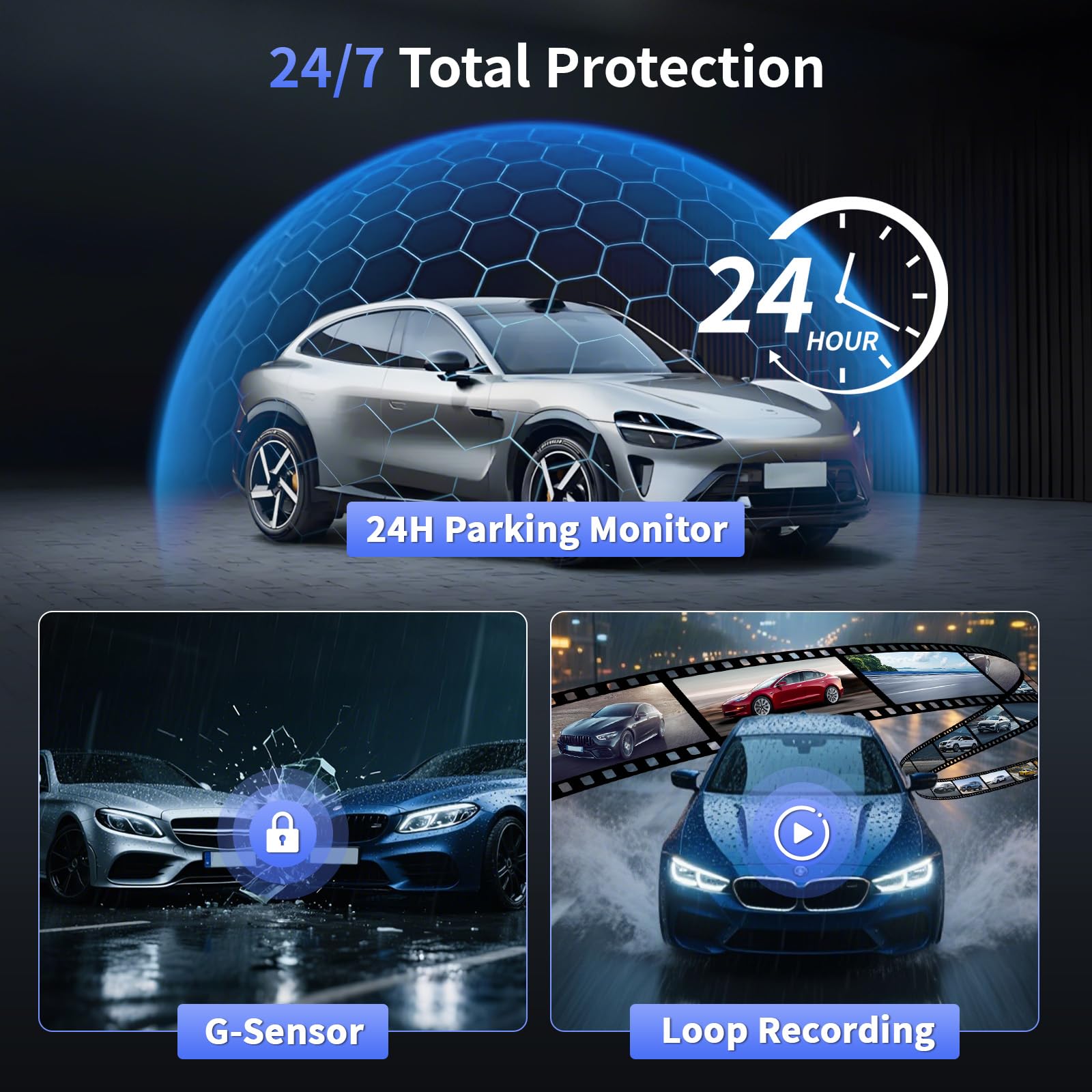 Hikity Dashcam de Bord 4 canaux, Dashcam Voiture de Bord WiFi 2K à l'avant et 1080P à l'arrière à l'intérieur de la Gauche à Droite, Voiture avec Carte de 64G - Wi-FI, Capteur G