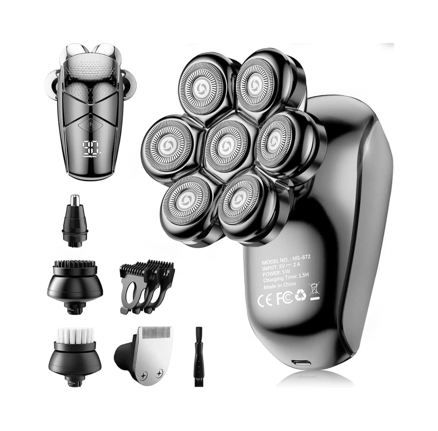 SHPAVVER Rasoio elettrico 5 in 1 per uomini calvi, kit di rasatura impermeabile IPX7 per balder, lame regolabili con velocità Turbo e precisione (grigio nero)