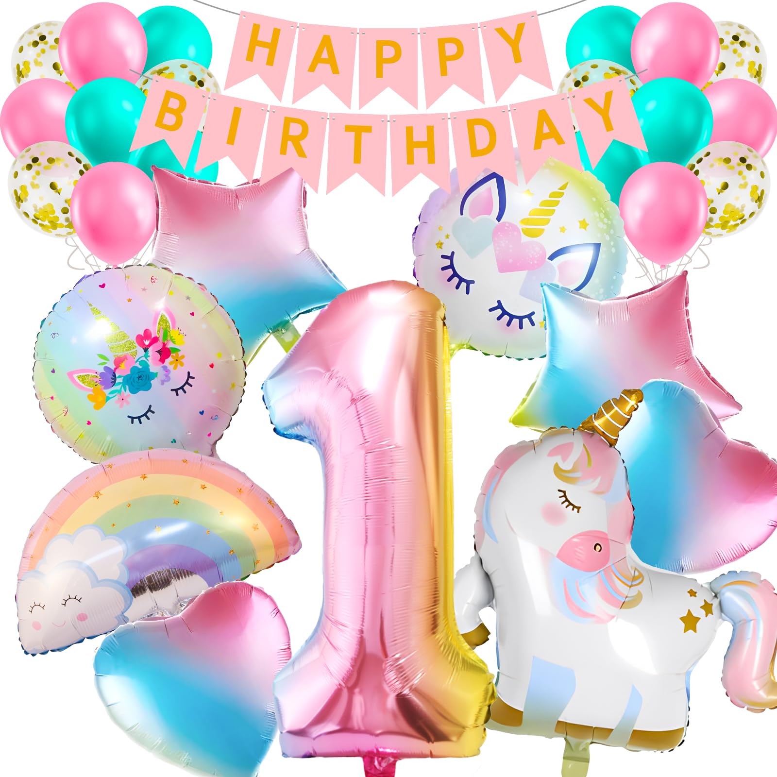 34pcs Unicorn Party Decorations for Girls - Happy Birthday Banner, Age 1 Star Heart Rainbow Balloons, Unicorn Theme Decoration for Kids Girl Baby