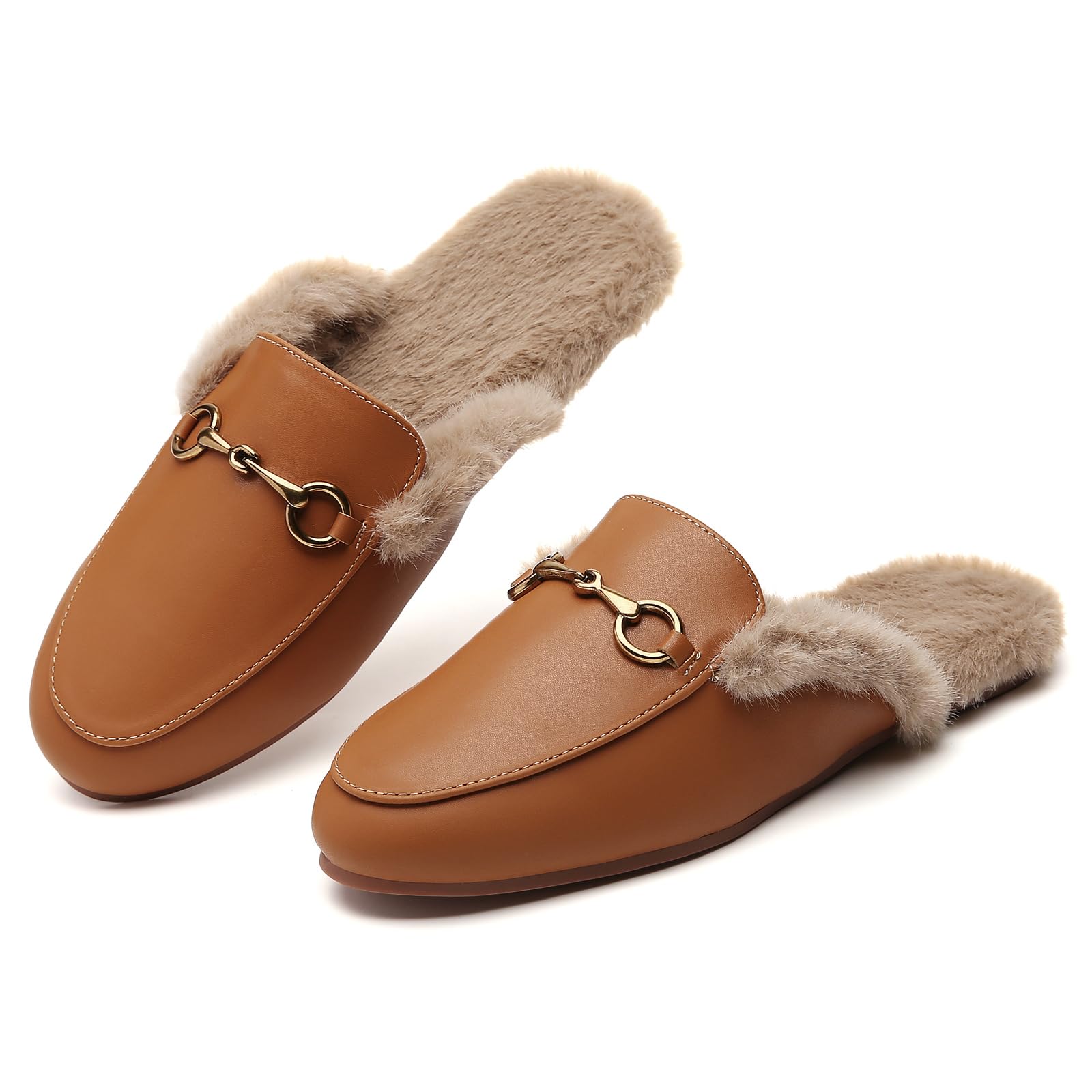 Minorsu Buckle Fur Mules for Women Slip on Loafers Closed Round Toe Backless Flat Mules Comfortable Slides Shoes