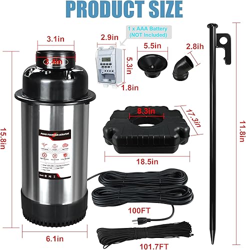 Miniatura 7 de Goldlife Aireador de fuente de estanque, F3 1HP 750W 110V Fuente flotante de acero inoxidable con cable de alimentación de 100 pies, bomba de fuente