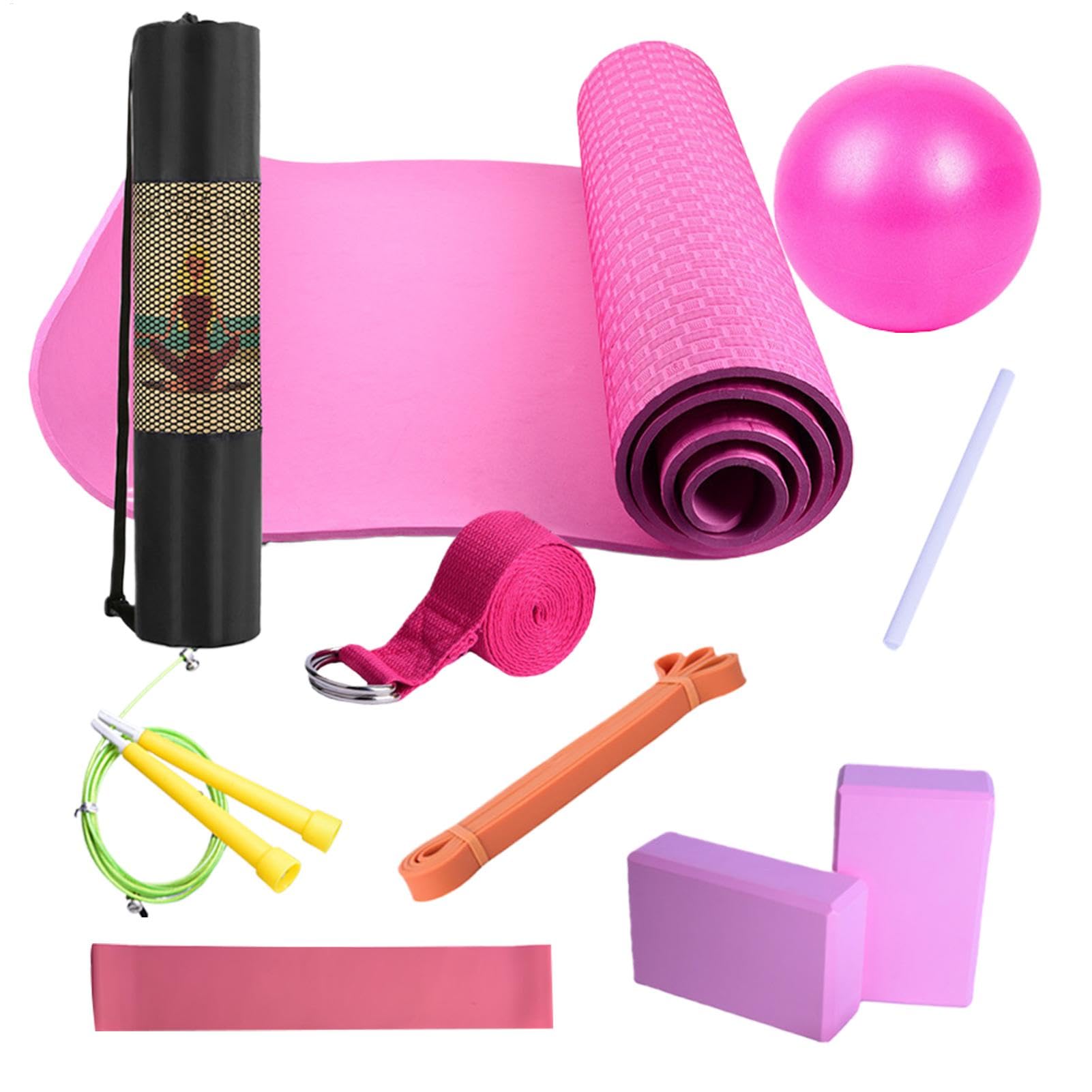 Kit de yoga, tapete de ejercicio con bloques de yoga, juego completo de equipo de fitness, entrenamiento antideslizante, incluye banda de resistencia de látex, correa de estiramiento, portátil, ideal