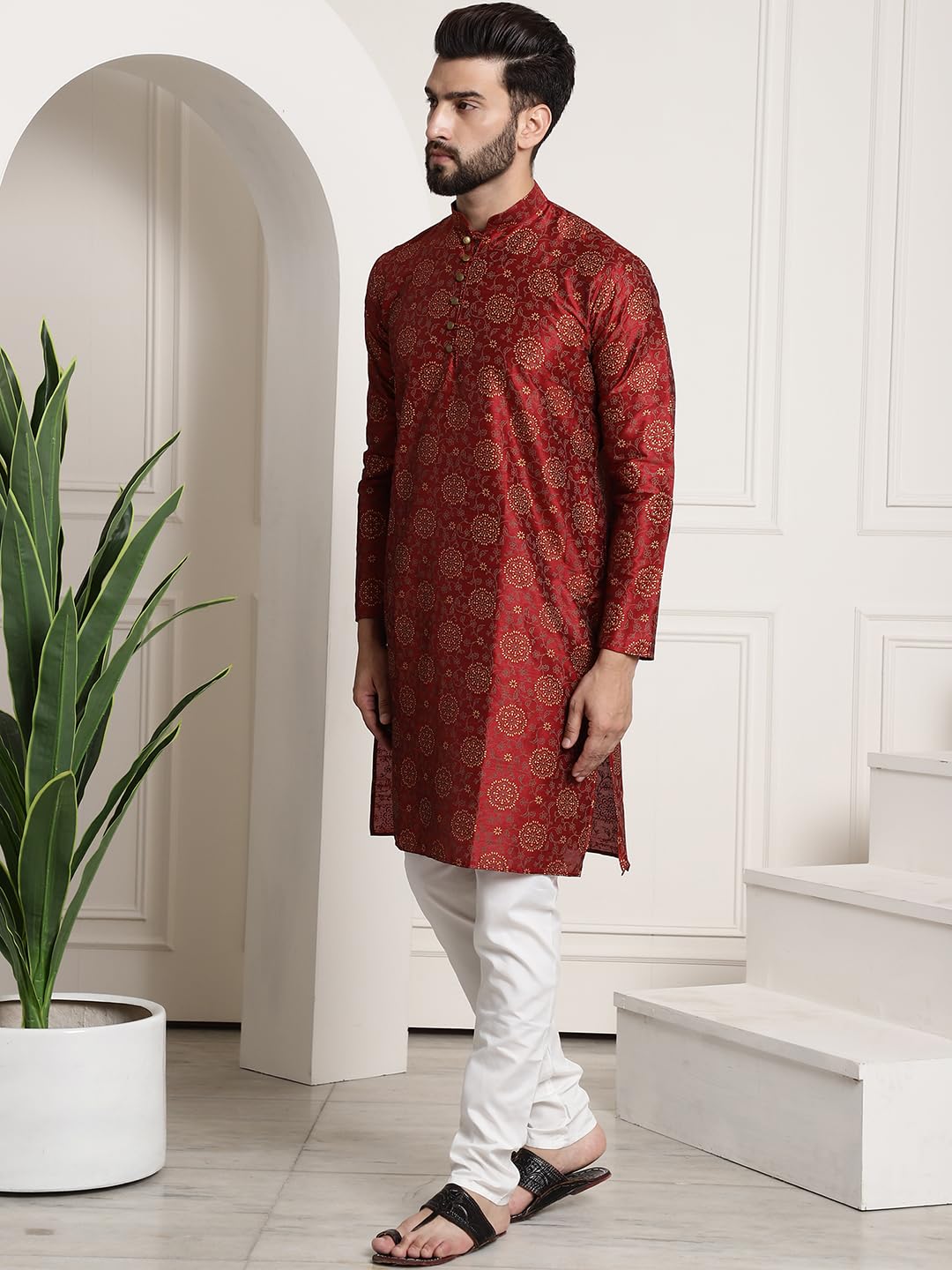 Sojanya (Since 1958 Men's Silk Blend Print Maroon Kurta And Cream Pyjama With Cream Nehru Jacket
