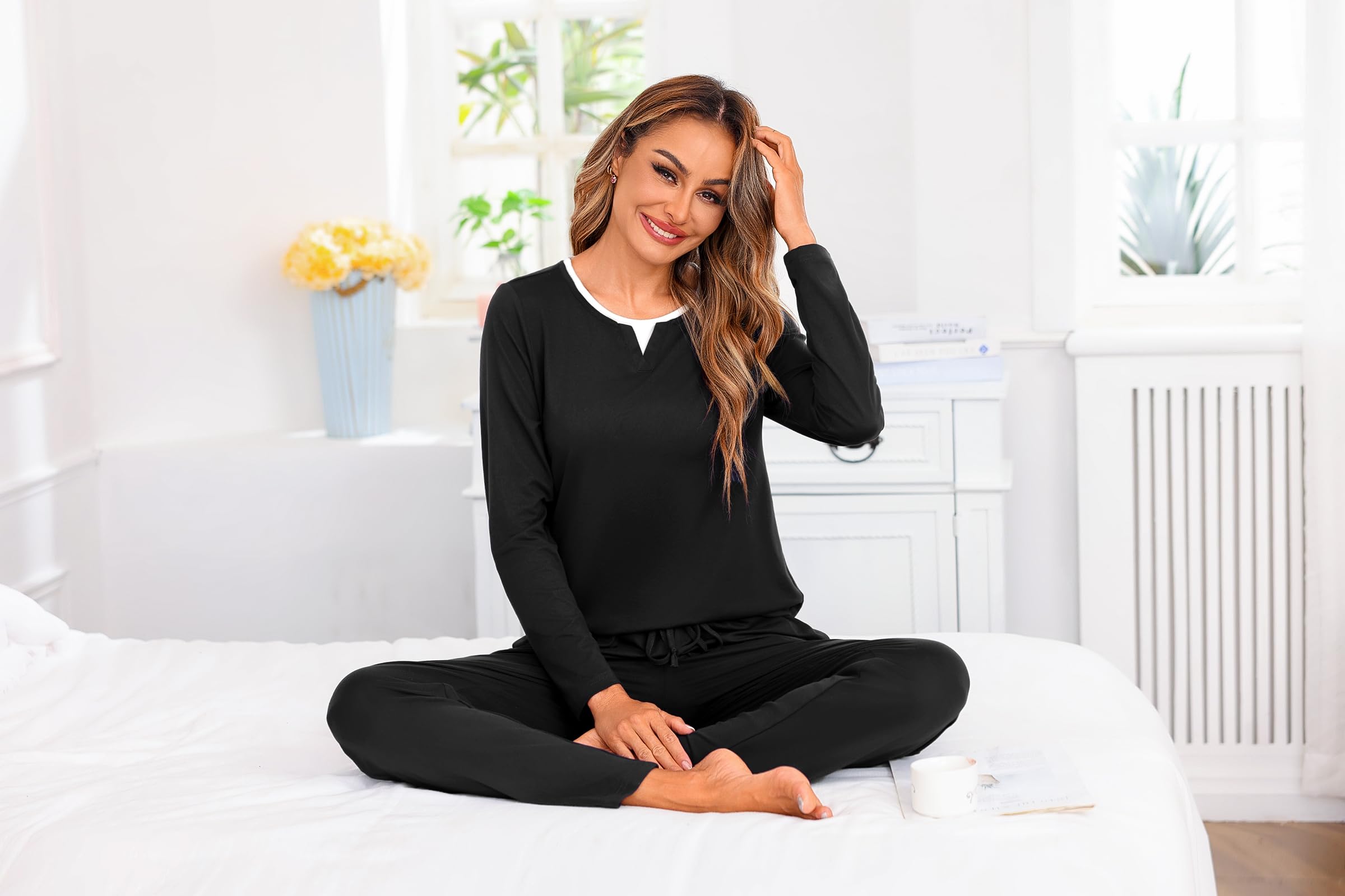 Jahetuul Pigiama Donna Cotone Lungo Leggero Pigiami da Donna Invernale Set Pigiama da Notte Lungo in 2 Pezzi Morbido e Caldo con Tasche e Coulisse S-3XL