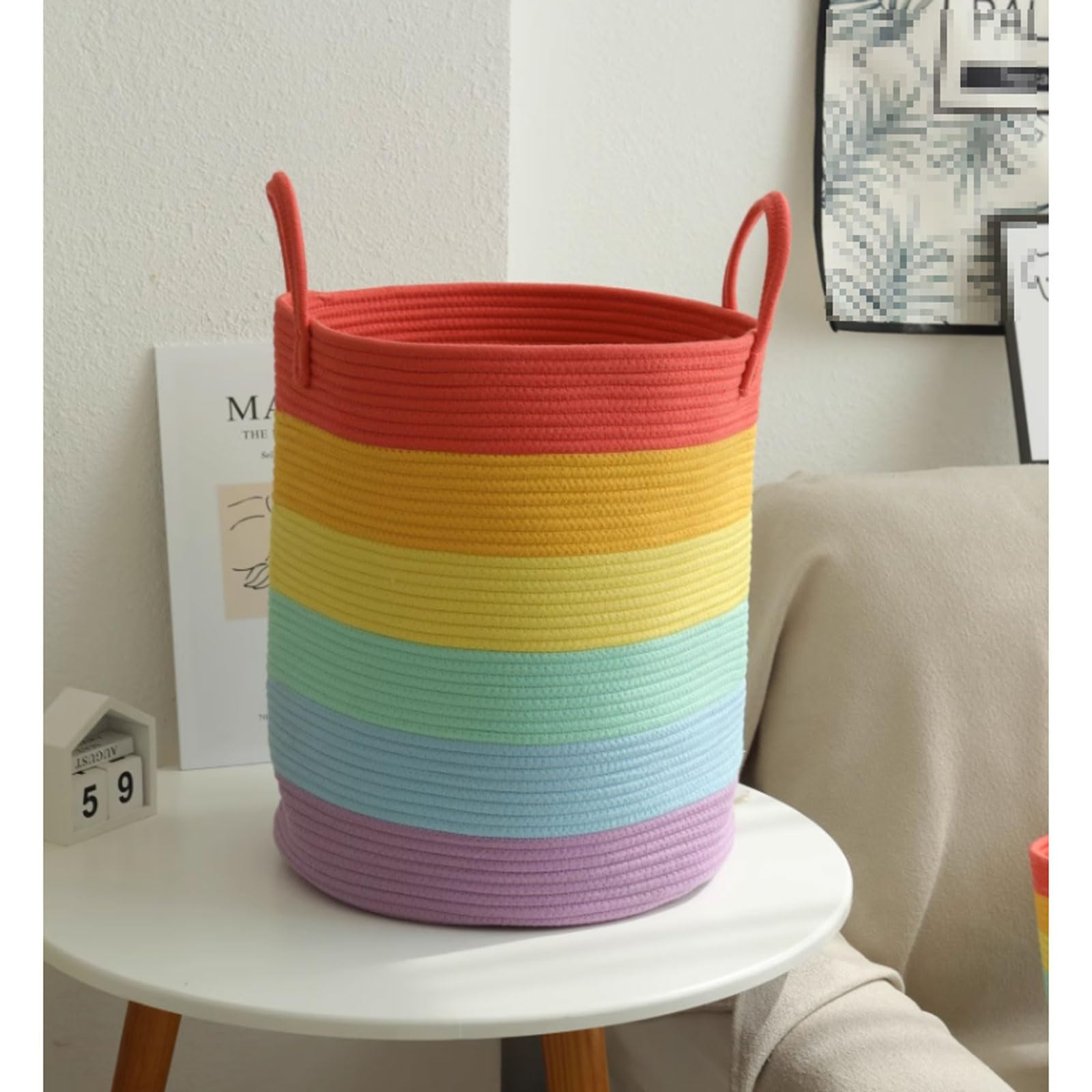Regenbogen-Wäschekorb, Baumwollseil, gewebt, für schmutzige Kleidung, Spielzeug, Aufbewahrungskorb, Haushaltswäschekorb für Wohnzimmer, Schlafzimmer, Badezimmer