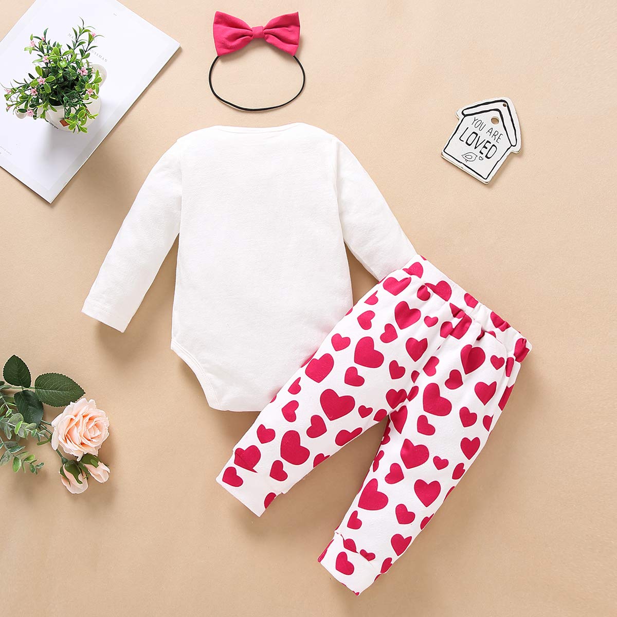 Newborn Baby Girl Valentine's Day Outfit Elephant Romper Bodysuit Love Heart Pants Bow Headand Clothes (White, 6-12 Months)