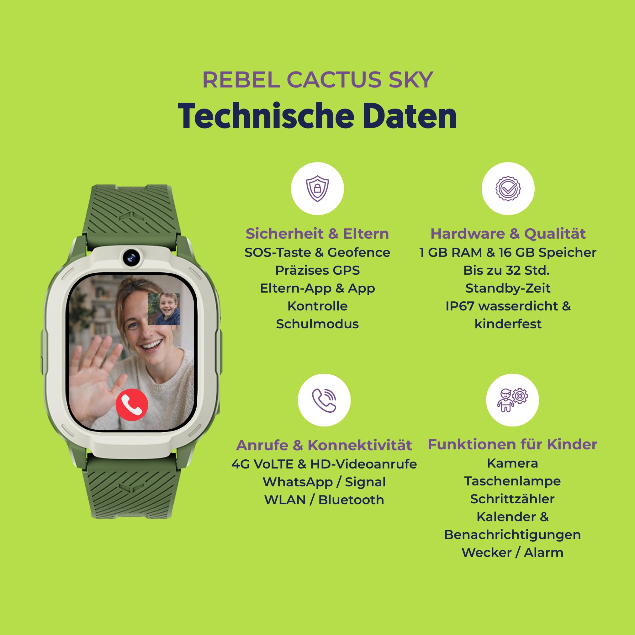 Rebel Cactus Sky Reloj Inteligente para Niños con GPS y Teléfono - Localizador GPS, Cámara, Videollamadas y Funciones Educativas - Smartwatch Infantil Verde