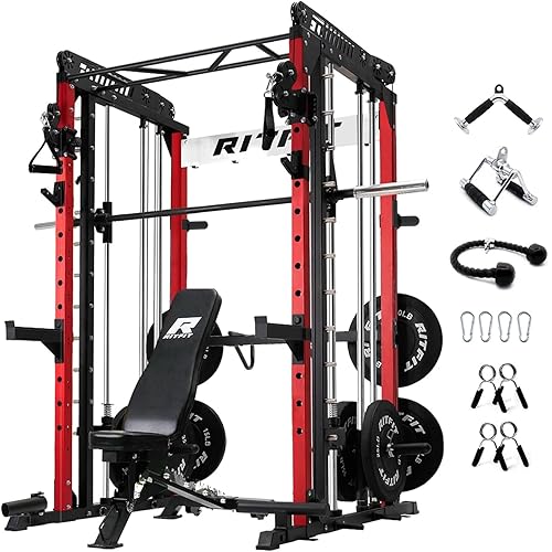 RitFit M1 & M1 Pro Smith Machine with Cable Crossover System, Multi-Function Squat Rack Power Cage for Home Gym, Power Rack and Packages