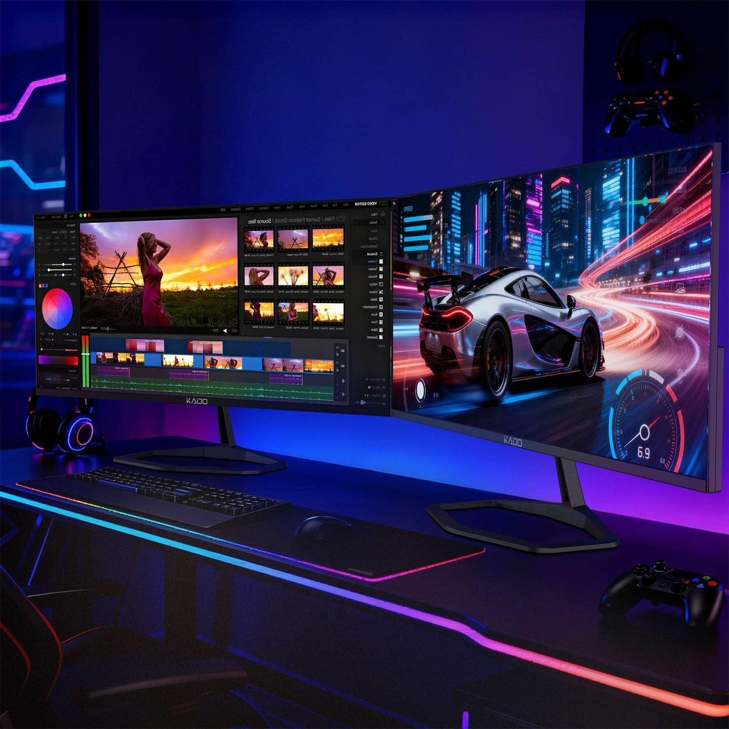 Kado Dual Gaming Monitor Setup - 2-Pack 34" 100Hz Ultrawide 21:9 3440x1440 WQHD Computer Monitor 103% sRGB, Stacked Gaming AMD FreeSync Premium, VESA Mount HDMI DisplayPort Built-in Speakers