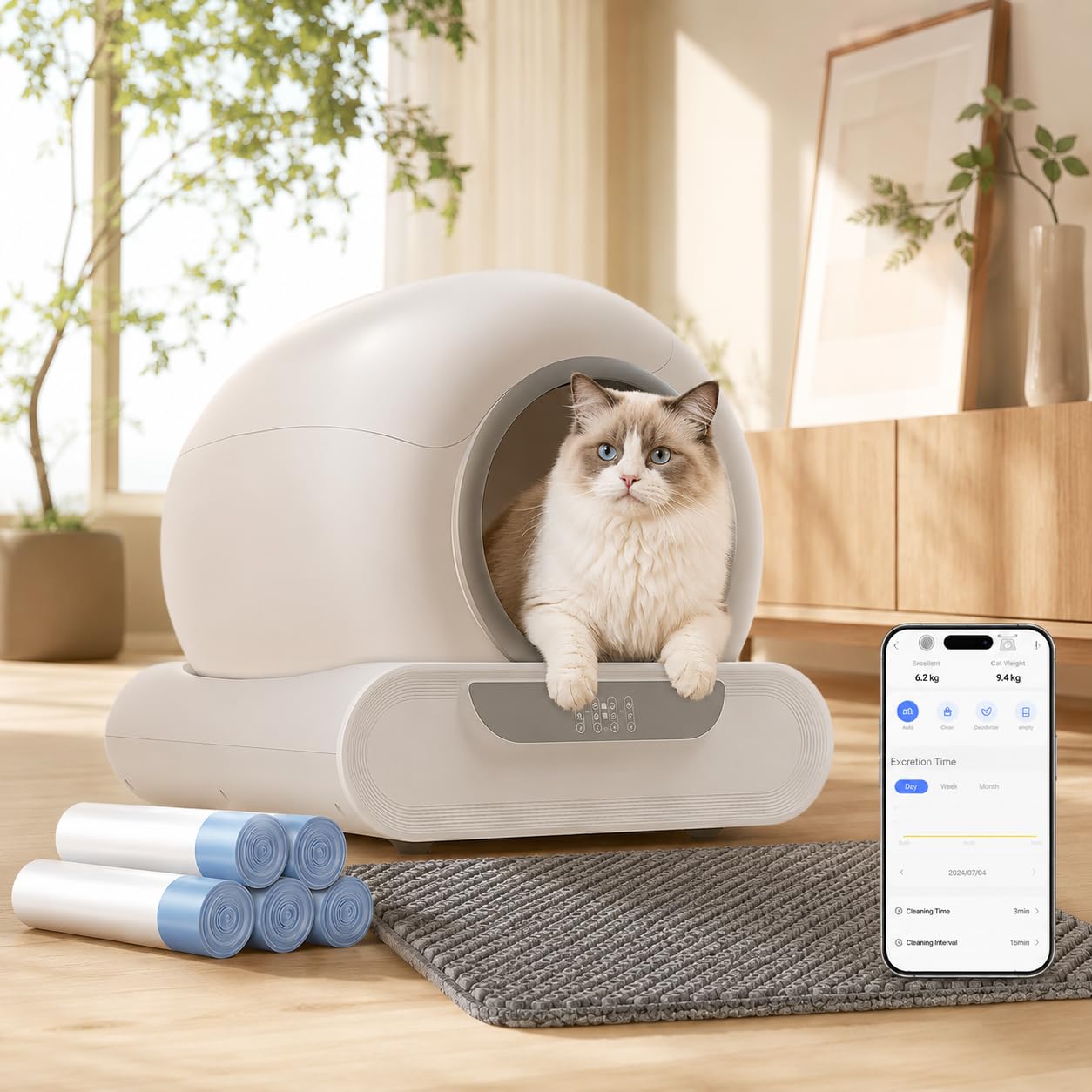 Arenero Automático para Gatos, 65L Gran Capacidad, Autolimpiable con Control App, Sensores de Seguridad Inteligentes, Eliminación de Olores, Ideal para Varios Gatos