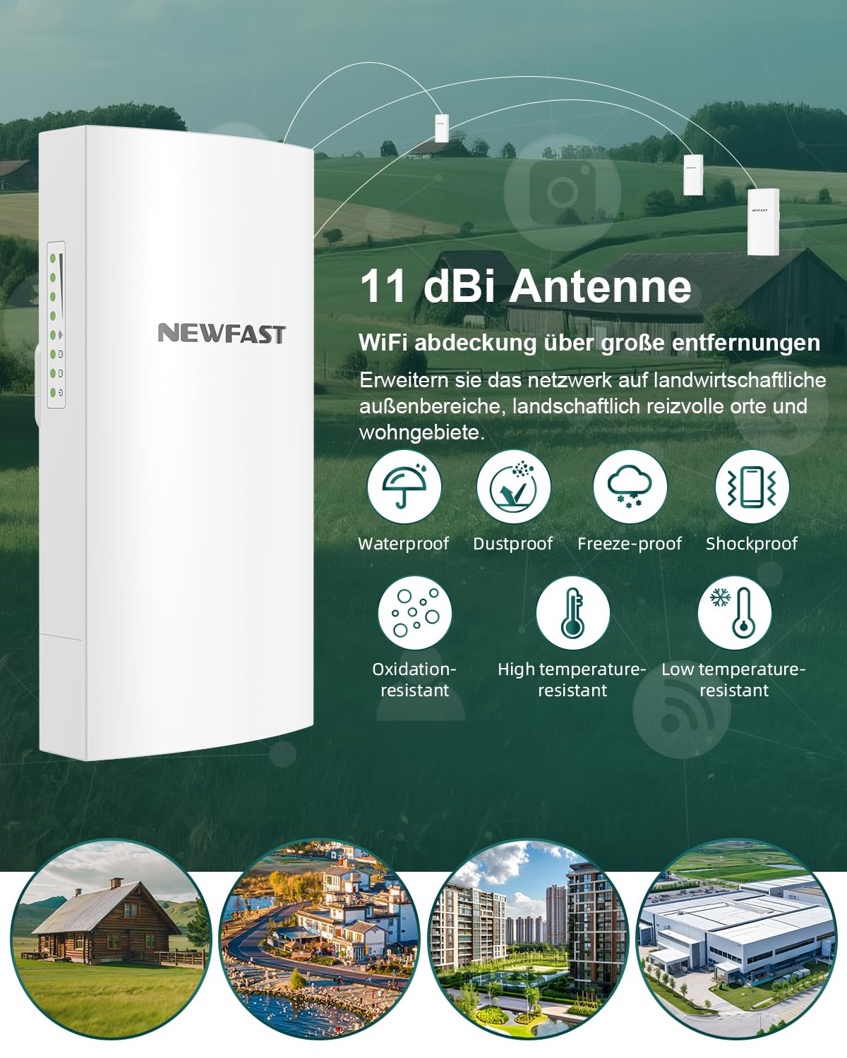 NEWFAST Outdoor CPE,300Mbps Neuester Outdoor WLAN Access Point Für Bauernhof,WLAN Bridge mit 11dBi Antenne,5.8G 3KM Getriebe stabil,48V POE Power,Wasserdicht,Supports Bridge/AP/Repeater/Routing Modus