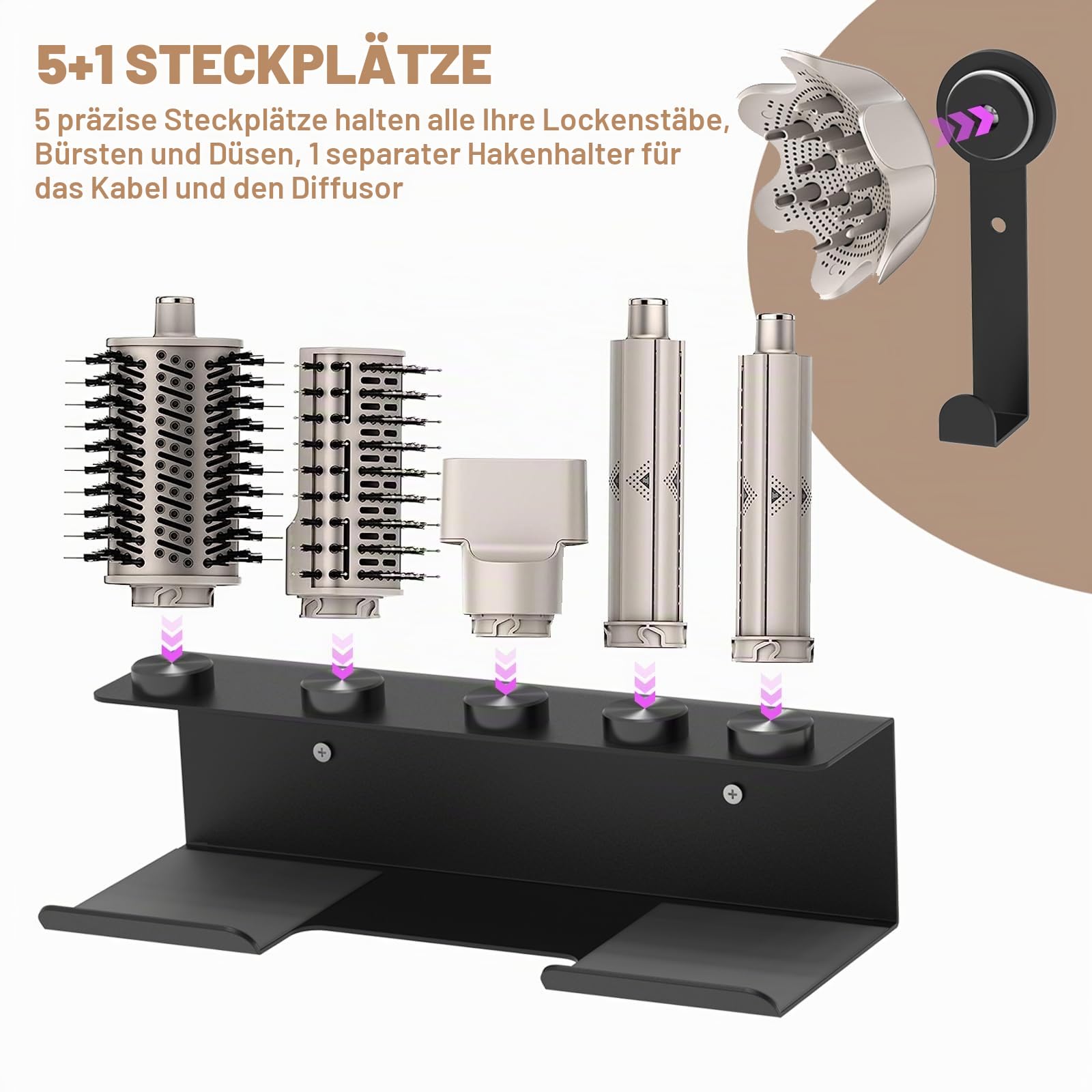 Wandhalterung für Shark Flex Style, Haartrocknerhalter, kompatibel mit Shark FlexStyle, Lockenstab Organizer, Rack mit Kordelaufhänger für Zubehör, Lockenwickler, Bürsten, Diffusor und Aufsätze