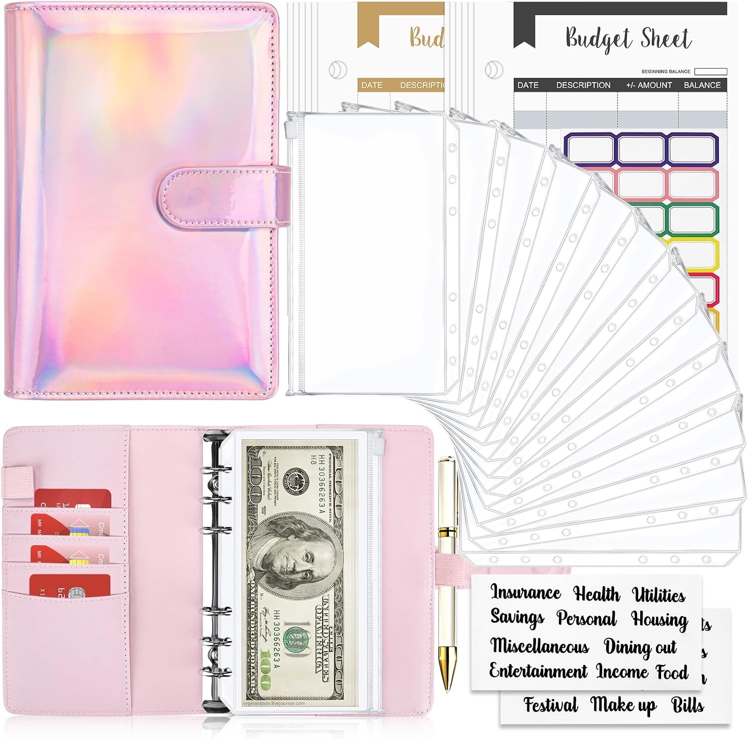 Budget Binder with Zipper Envelopes, Money Organizer for Cash, 28Pcs Budget Binder with Cash Envelopes (Shiny Pink)