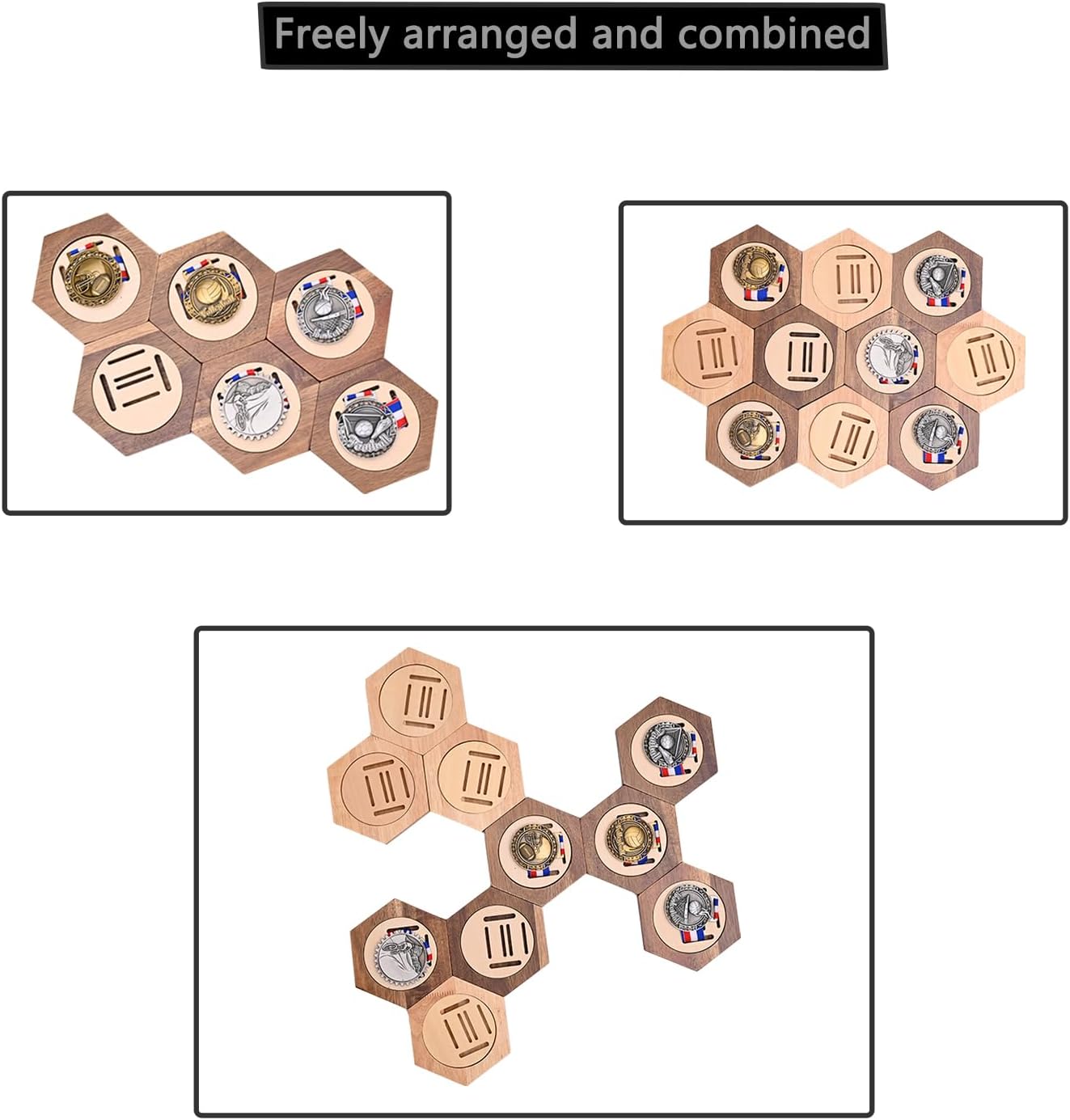 Medal Display Hanger Rack Wooden Decoration Hexagon Honeycomb Medal Storage Case, Upgrade the Magnet for Sports Medals, Track & Field, Military, Spartan, Races, Running, Marathons (Acacia, 7pc)