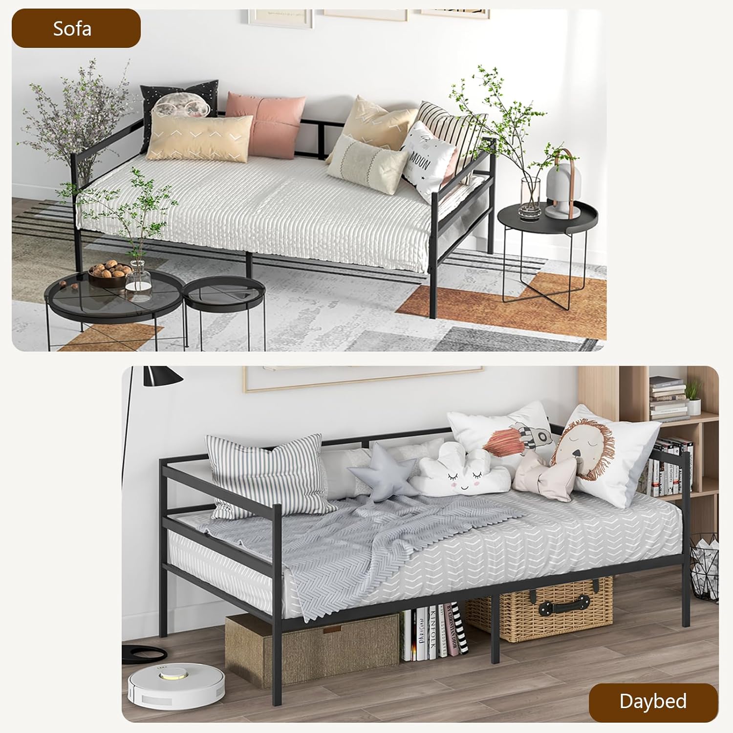 Daybed Frame, Metal Twin Size Platform Bed with Heavy Duty Slat Support, Space-Saving Sofa Bed Frame for Living Room Bedroom Guest Room, No Box Spring Needed - Black