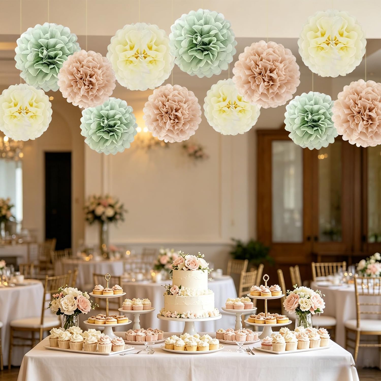 12Pcs Sage Green Tissue Pom Poms Paper Flowers Boho Hanging Decorations for Safari Jungle Party Bridal Shower Baby Shower Birthday Backdrop Nursery Home Decor