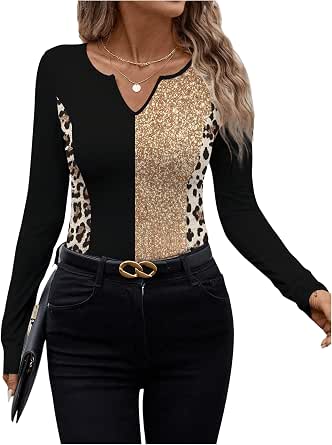 SweatyRocks Women's Leopard Print Split Hem T-Shirt - Mock Neck Short Sleeve Tunic Top