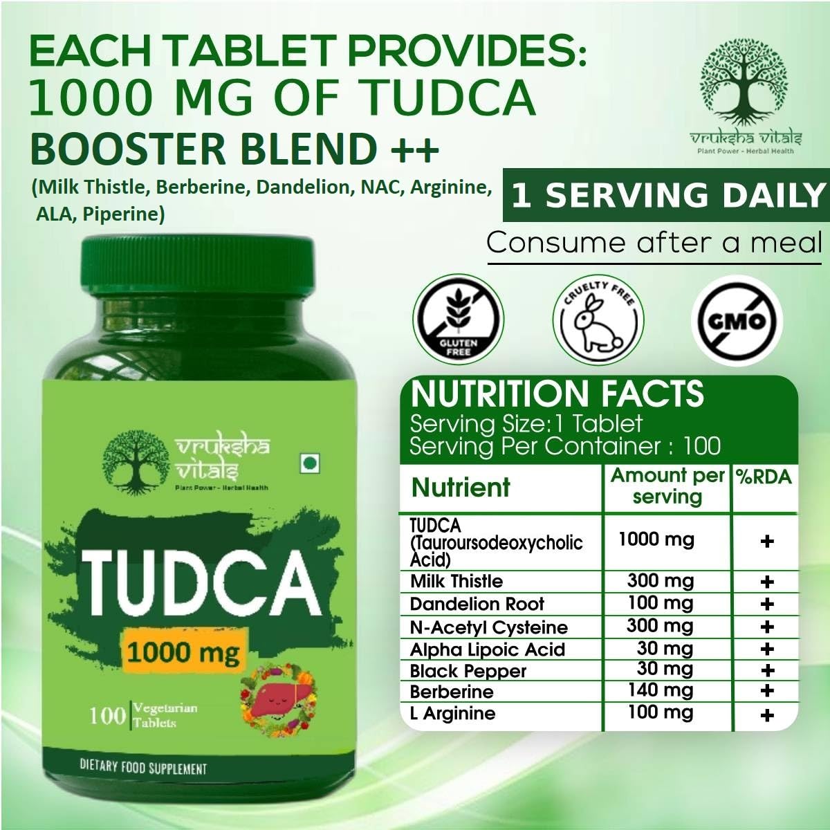 Vruksha Vitals TUDCA 1000 mg + 7 Herbs - 100 Tablets/Capsules for Liver Detox Supplement - Bile Salts as Liver Support Powder