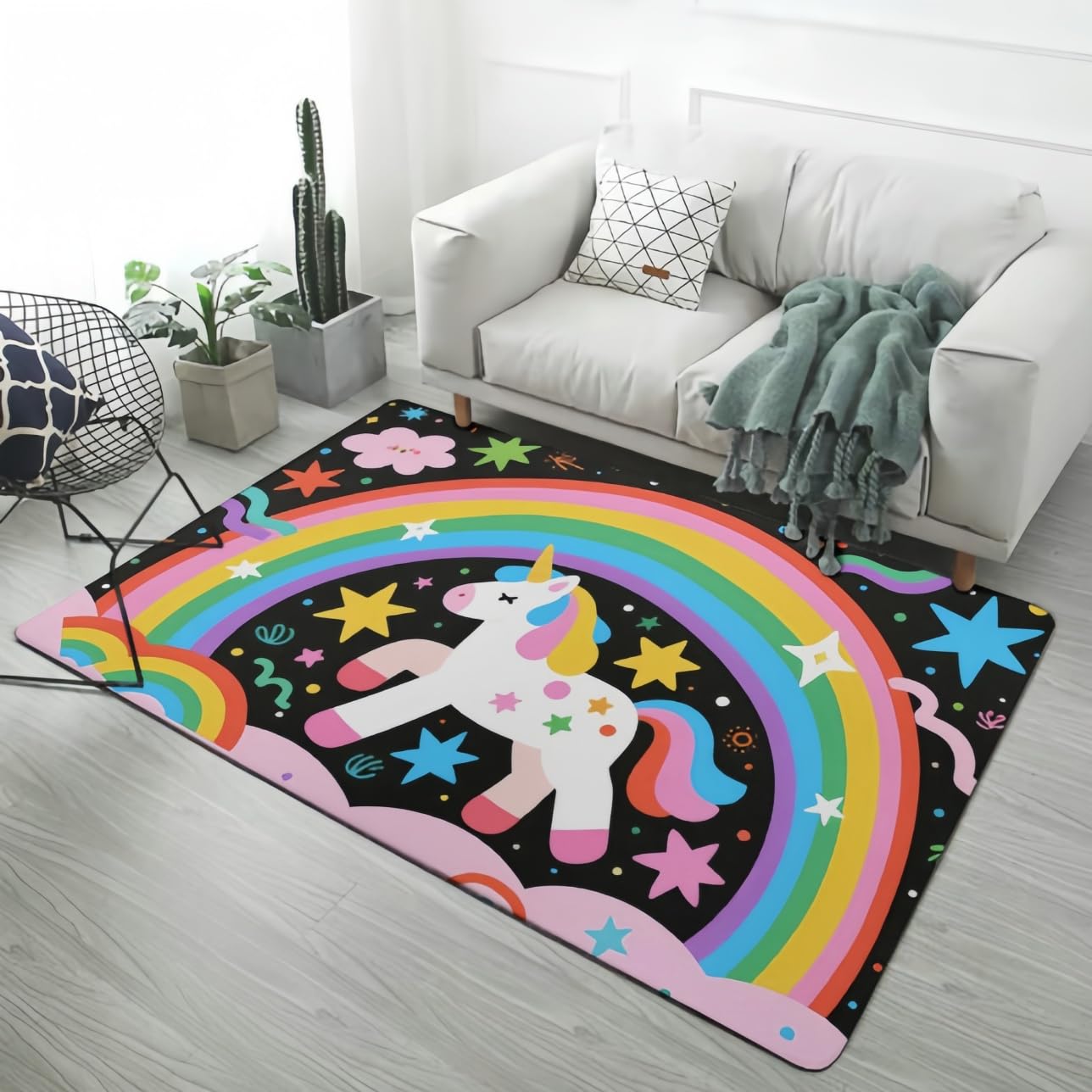 Regenbogen Einhorn Teppich fürs Kinderzimmer Weich & Flauschig Bereich Teppich Rosa Lila Stern Einhorn Dekoration für Mädchenzimmer Große Wohnzimmer Fußmatte rutschfest, 140x200 cm, Color 1