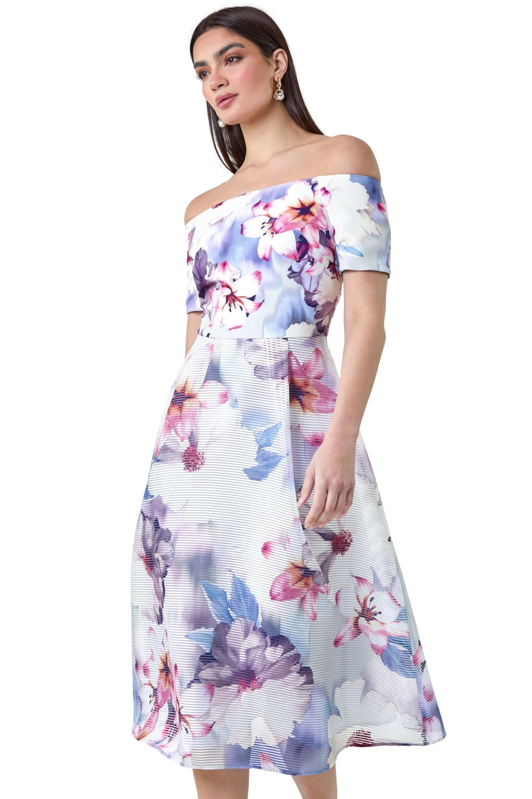 Roman Originals Women's Grey & Multicolour Floral Print Premium Stretch Bardot Dress For Uk - Everyday Holiday Spring Summer Comfy Soft Evening Vacation Work Party