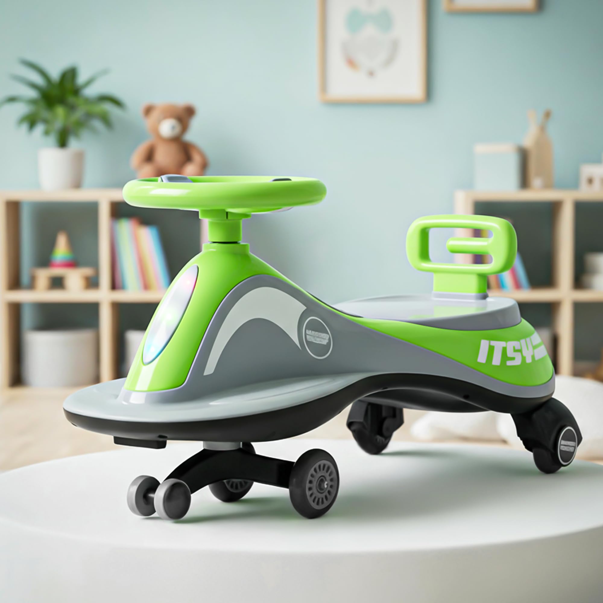 Baybee Pluto Baby Swing Cars for Kids | Twister Push Ride on Toy Kid Car with RGB Lights, Music & Back Rest | Ride on Baby Car | Magic Cars for Kids 3 to 8 Years Boys Girls (Green)-image-5