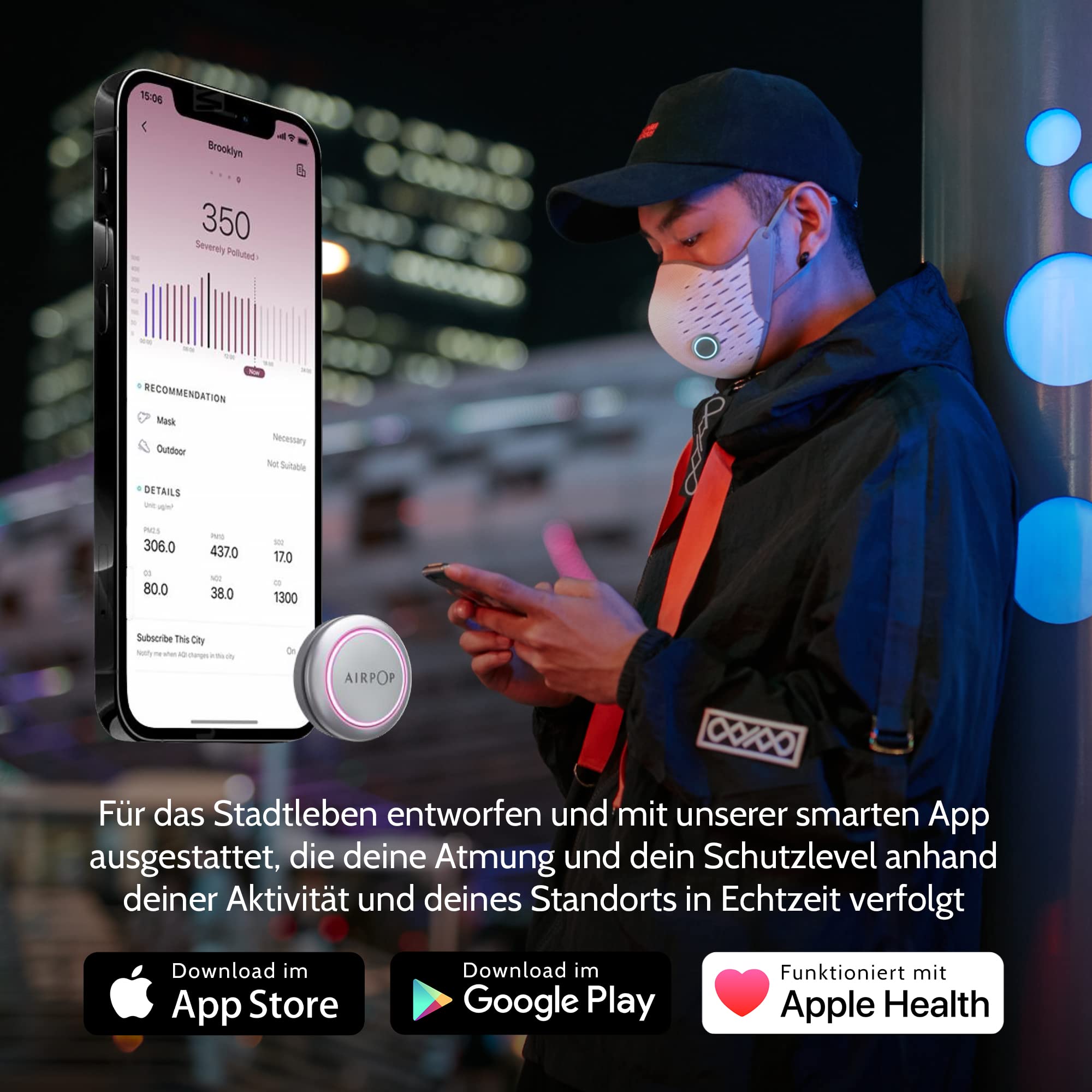 AIRPOP Active+ Halo Gesichtsmaske Wiederverwendbar & Waschbar, Sensor für Luftqualität und Atmung, 4 Filter, 160 Stunden Tragezeit, Atmungsaktiver Gesichtsschutz, Kompatibel mit IOS-App, Schwarz/Gelb
