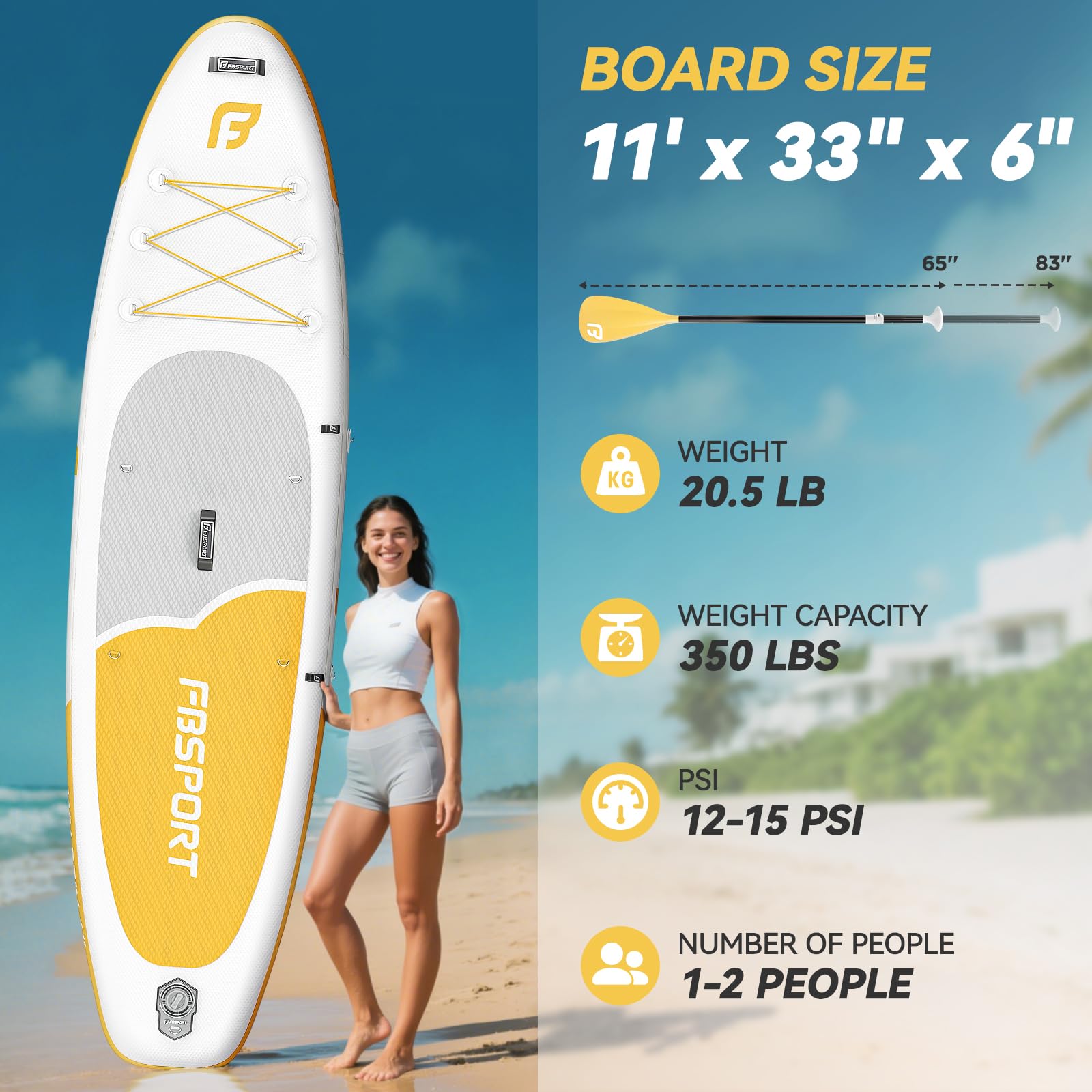 FBSPORT Paddle Gonflable Adulte 335 cm, Planches de Stand Up Paddle, 160kg de Capacité de Charge avec Pont Anti-dérapant, Set Complet avec Pagaie, Pompe, Sup Board pour Yoga, Surf en Voyage