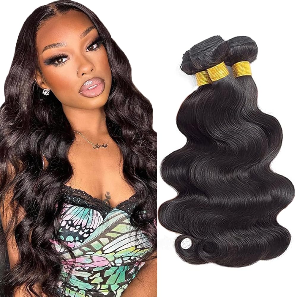 Photo 1 of #1B Human Hair Bundles Natural Black Body Wave Bundles 20 22 24 Inch Black Body Wave Unprocessed Virgin Human Hair Extensions For Women 50g Total 150g