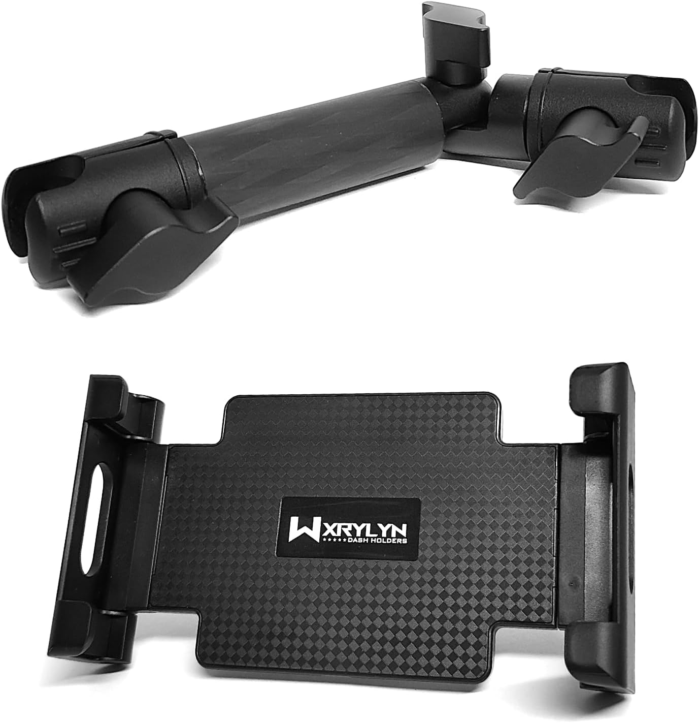 Universal Tablet Mount with 15-23mm Adjustable Clamp for iPad Pro/Air/Mini, Samsung Tabs & 60-10mm Locking Carbon Fiber Kevlar Mounting Arm with Articulating Joint Dual 20mm Socket Ends