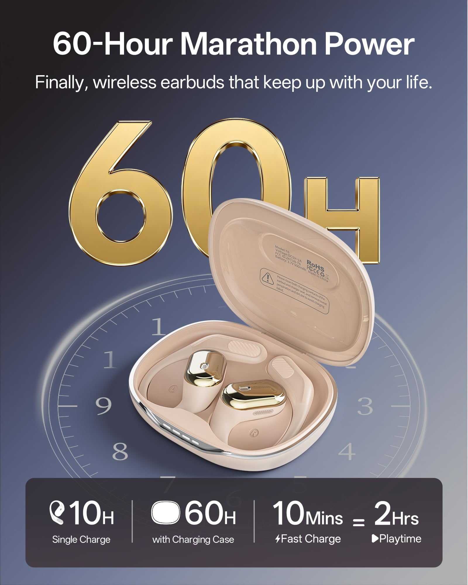 Cuffie aperte con ganci per le orecchie, auricolari wireless Bluetooth 6.0 con microfono, suono stereo, ultra-confortevoli, 60 ore di autonomia, auricolari impermeabili IPX7 per corsa e
