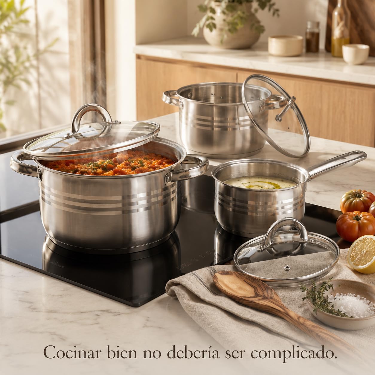 Batería de Cocina Acero Inoxidable para Inducción | Juego de Ollas y Sartenes | Set de Cocina con Tapas de Cristal | Compatible con Gas, Vitrocerámica e Inducción (8)