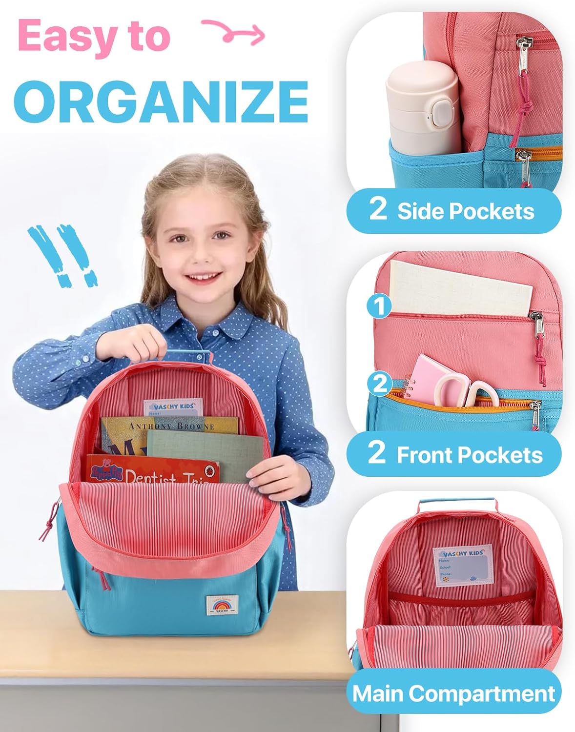 VASCHY Toddler Backpack, Girls Lightweight Plain Color-block Small Kids Backpack Bookbag for Preschool/Kindergarten/Daycare/Travel Pink Blue - Image 4