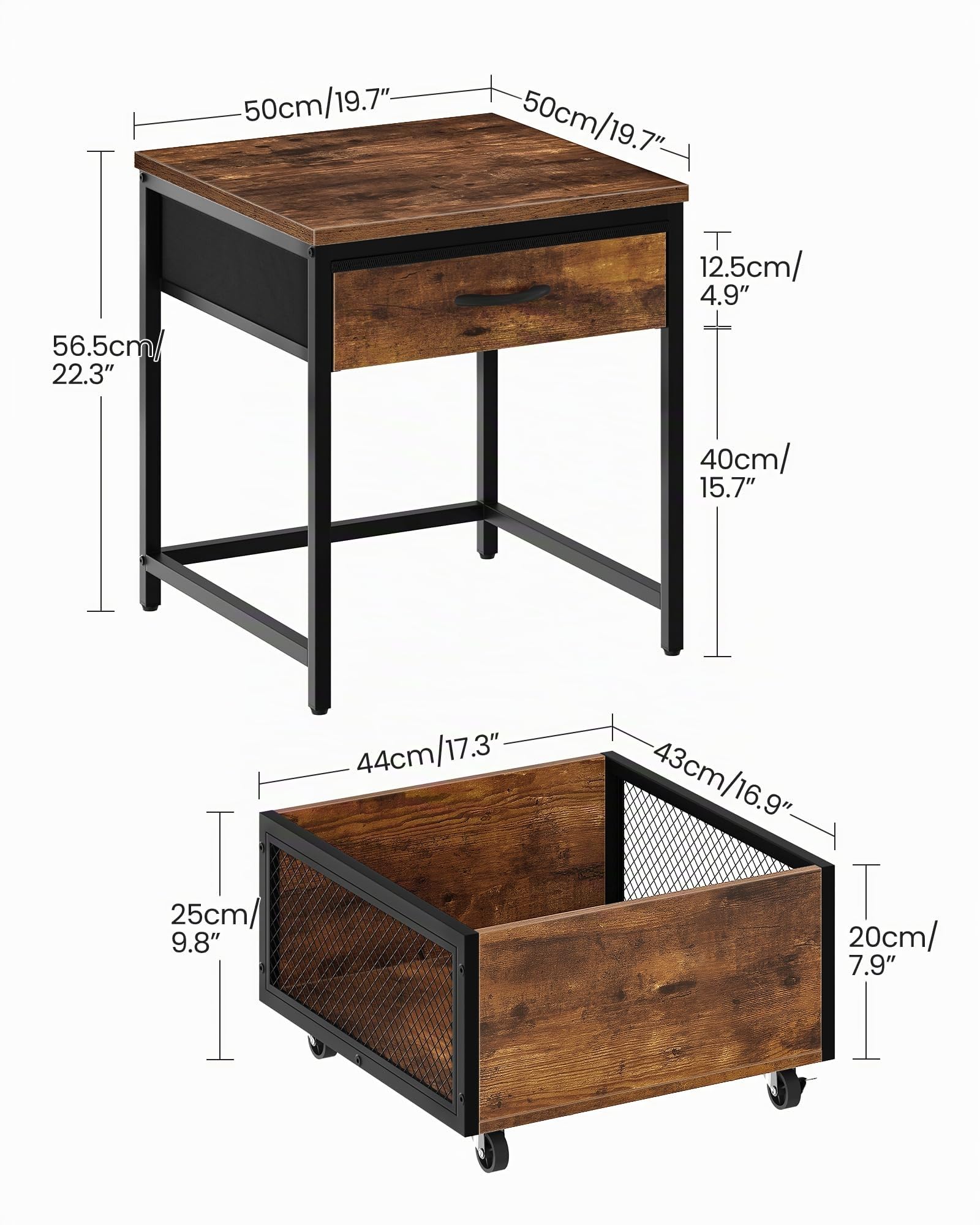 CHOEZON Mini-Kühlschrankständer mit Beweglichem Korb, Multifunktionale Beistelltische, Mini-Kühlschranktisch, Kühlschrank Unterschrank für Büro und Schlafzimmer, Vintagebraun und Schwarz DTBZ55BF