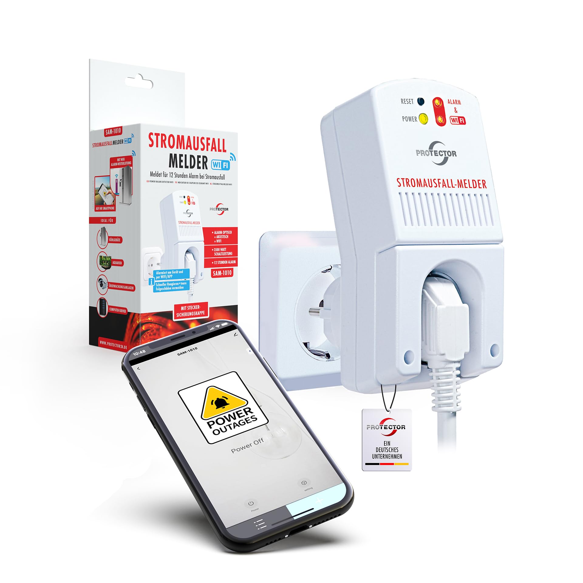 [Neu] Protector SAM-1010 Stromausfallmelder, 3500 Watt mit WiFi und App, Notstrom-gepuffert, 12 Stunden Alarm, Stromwächter für Stromausfall, Ideal für Gefrierschrank und Aquarium. Kühlschrankalarm