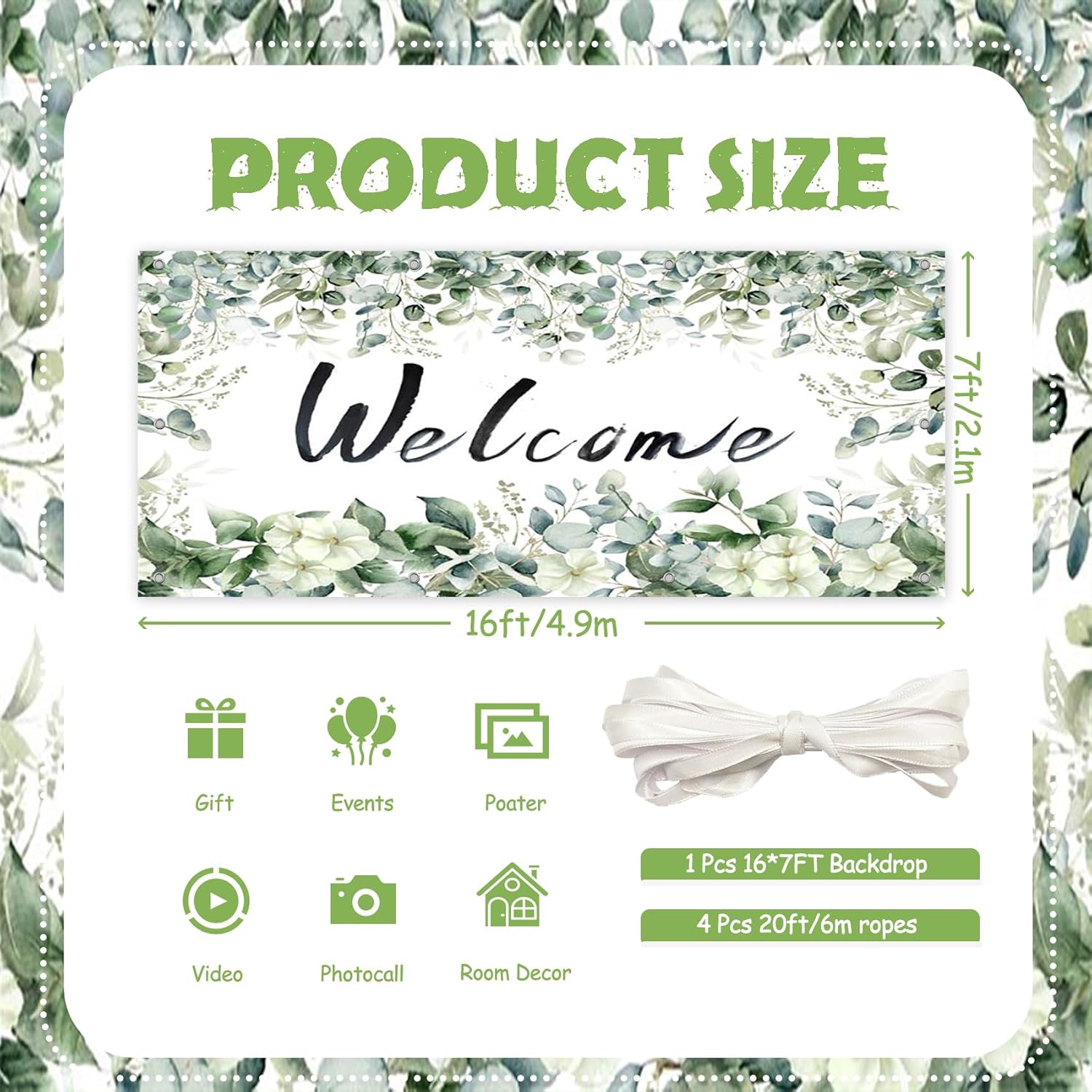 CSFOTO 7x16ft Welcome Theme Garage Door Decoration Banner Spring Plant Leaves Garage Decoration Background Green Eucalyptus Leaves Large Garage Door Cover Interior Decoration Banner