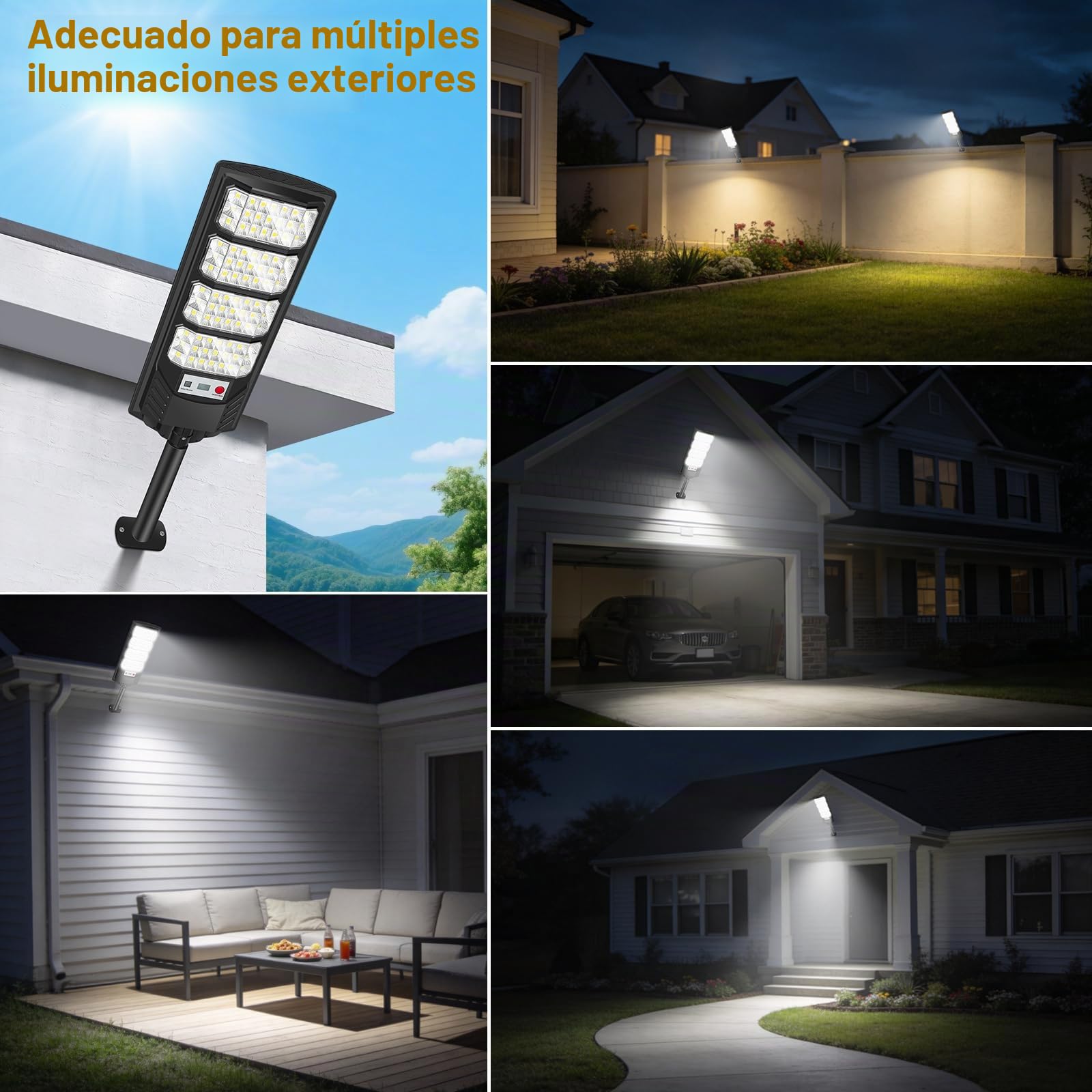 Farolas Solares Exterior, 6500K Focos Solar LED Jardín con Sensor de Movimiento y Control Remoto, IP66 Impermeable Lampara Solar Exterior Luz de Seguridad para Garage Patio Calle, 2 Pack